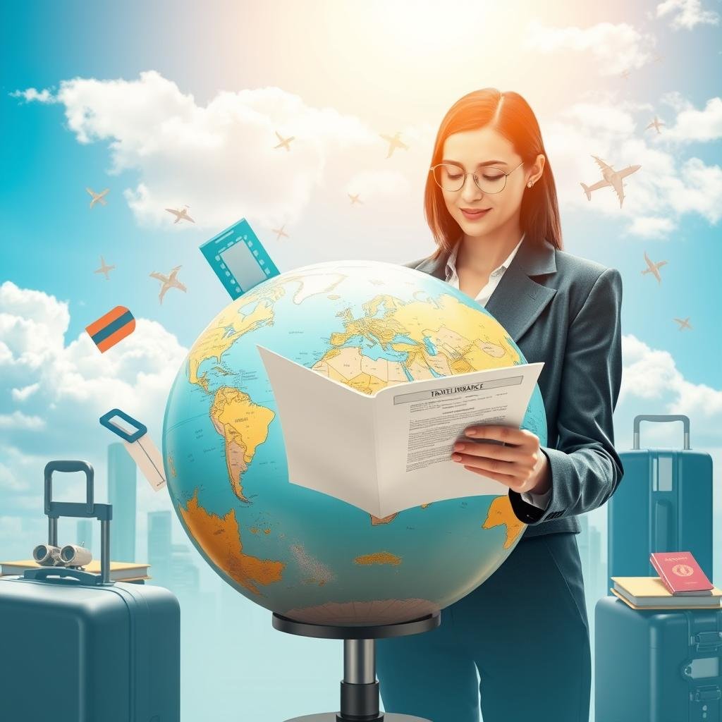 A serene travel insurance concept scene depicting a globe surrounded by various travel-related symbols like suitcases, passports, and airplane tickets. In the foreground, a professional businesswoman, dressed in smart attire, examines a travel insurance document with a thoughtful expression. In the middle, a vibrant map of the world is open, with highlighted travel locations, suggesting global exploration. In the background, soft clouds and a bright blue sky create an optimistic atmosphere, symbolizing safety and adventure. The lighting is warm and inviting, emulating a sunny day. The angle is slightly elevated, capturing both the globe and the professional to convey the importance of safeguarding travels. The mood reflects assurance, knowledge, and the common misconceptions about travel insurance, encouraging a positive outlook on responsible traveling. A serene travel insurance concept scene depicting a globe surrounded by various travel-related symbols like suitcases, passports, and airplane tickets. In the foreground, a professional businesswoman, dressed in smart attire, examines a travel insurance document with a thoughtful expression. In the middle, a vibrant map of the world is open, with highlighted travel locations, suggesting global exploration. In the background, soft clouds and a bright blue sky create an optimistic atmosphere, symbolizing safety and adventure. The lighting is warm and inviting, emulating a sunny day. The angle is slightly elevated, capturing both the globe and the professional to convey the importance of safeguarding travels. The mood reflects assurance, knowledge, and the common misconceptions about travel insurance, encouraging a positive outlook on responsible traveling.