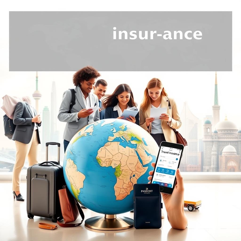 A serene travel-themed scene depicting a globe at the center, symbolizing global travel insurance, with a domestic map in the background to represent domestic travel insurance. In the foreground, a diverse group of professionally dressed travelers examining insurance documents, looking confident and relaxed. The middle ground features travel essentials like a suitcase, passport, and a smartphone with a travel insurance app open. Soft natural lighting filters through, creating a welcoming and reassuring atmosphere. The background showcases iconic landmarks from around the world, subtly blending with local scenery for contrast. The image captures a sense of security and peace of mind, emphasizing hassle-free travel experiences.