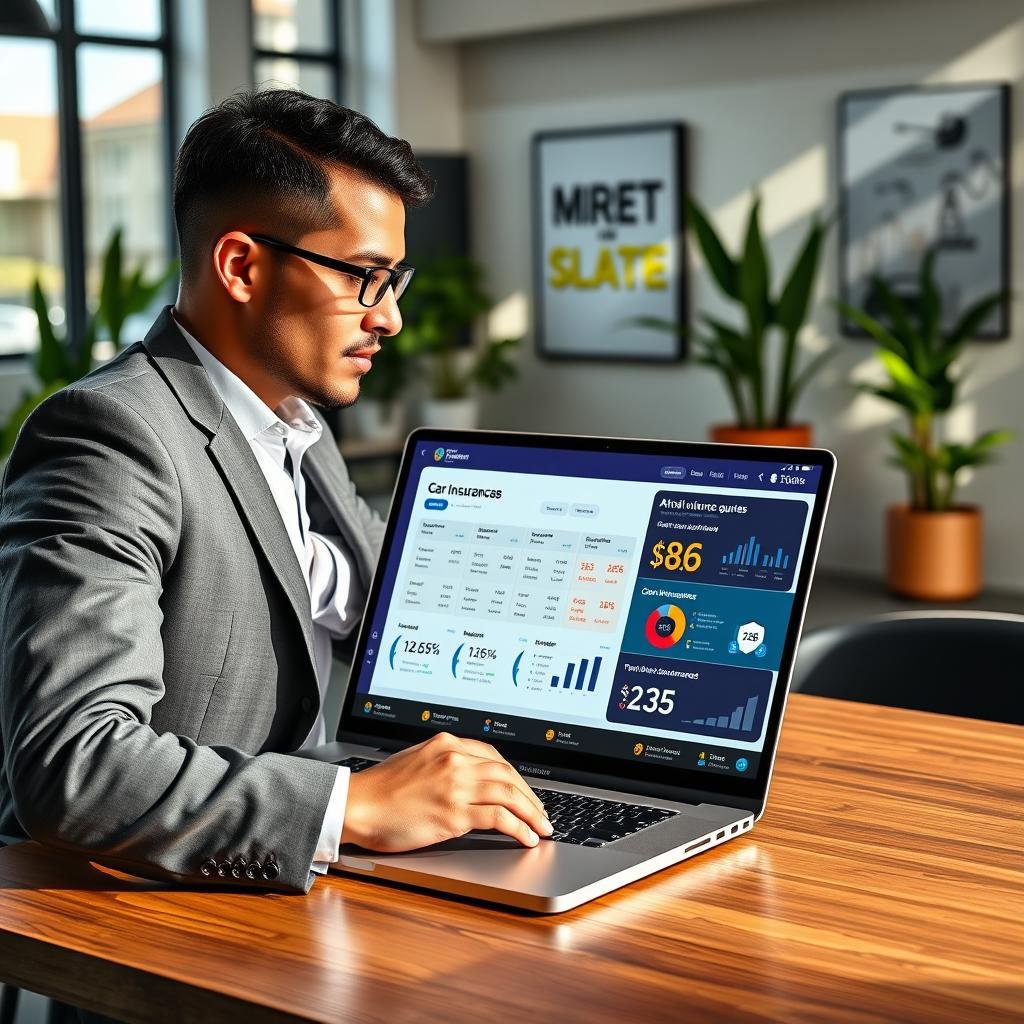A sleek laptop open on a modern desk displays an online car insurance quotes website with vibrant graphics and user-friendly interface. The foreground features a professional in business attire, a focused expression as they browse insurance options. In the middle, a soft-focus view of the laptop’s screen shows various quote comparisons and charts, reflecting data visualization with bright colors to signify affordability. The background showcases a stylish, well-lit office setting with potted plants and motivational artwork on the walls, promoting a sense of innovation and technology in the auto insurance industry. The atmosphere is dynamic and encouraging, with ample natural light streaming in and creating a positive mood, ideal for making informed choices.
