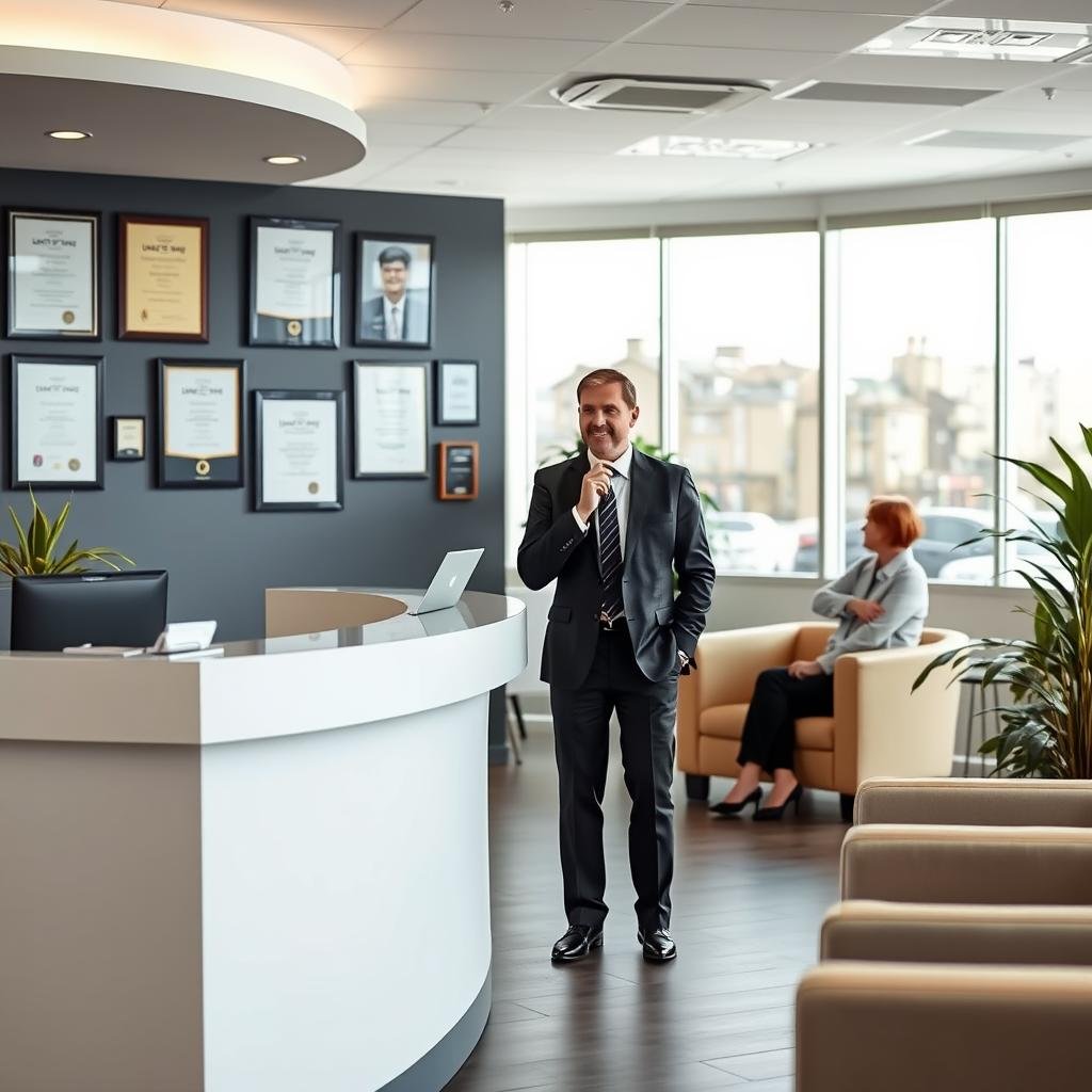 A sleek office interior representing a reputable life insurance agency, featuring a welcoming reception area with a modern desk and comfortable seating. In the foreground, a professional agent in business attire, thoughtfully interacting with a client, both appearing engaged and at ease. The middle ground showcases a wall adorned with framed certificates and awards, signifying trust and expertise. The background reveals large windows with natural light pouring in, illuminating the space and conveying a sense of transparency and warmth. The atmosphere is calm and reassuring, emphasizing the agency's commitment to guiding clients through their life insurance options. The image should focus on professionalism and trust, avoiding any distractions, and presenting a clear, inviting scene.