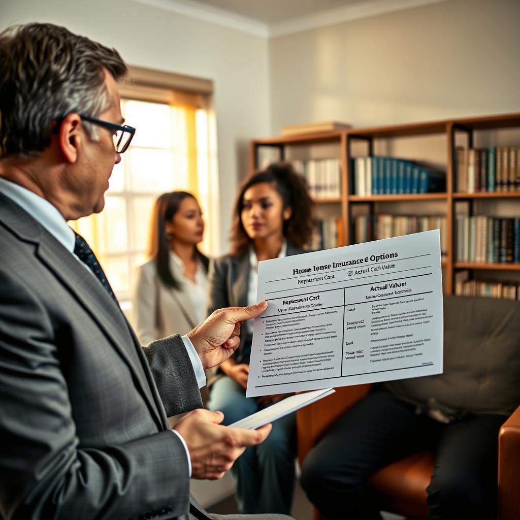 A split-screen image depicting a professional insurance advisor discussing options with a couple in a cozy, well-lit office setting. In the foreground, the advisor, a middle-aged man in a smart business suit, points to a detailed document illustrating "Replacement Cost" vs. "Actual Cash Value." In the middle, the couple, a diverse pair dressed in professional casual wear, looks thoughtfully at the advisor, engaged in the conversation. The background features bookshelves filled with insurance literature and a warm, inviting window casting natural light into the room, creating a welcoming atmosphere. Soft shadows enhance the professionalism of the space while emphasizing their interaction and decision-making process regarding home insurance options.