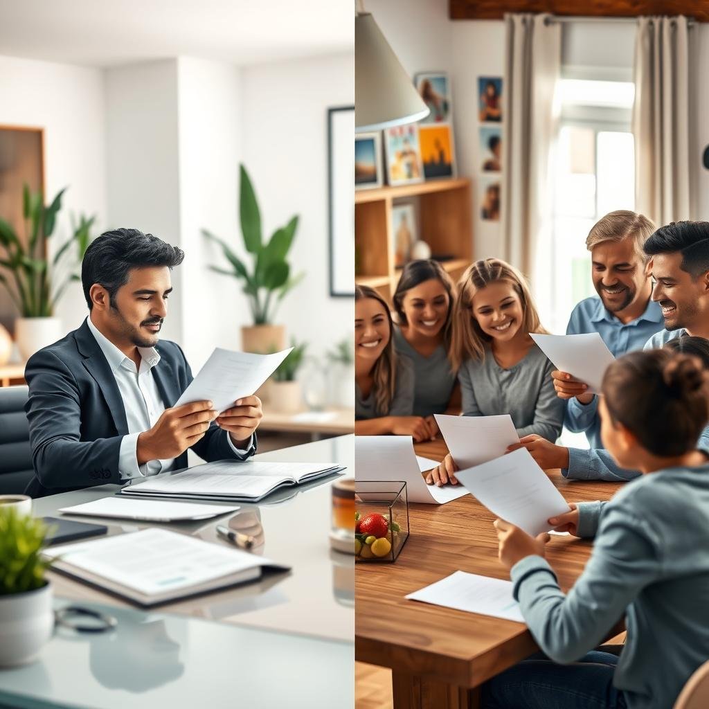 A split-screen image showcasing two contrasting scenarios: on the left, a professional, serene setting featuring an individual sitting at a sleek desk with modern decor, thoughtfully reviewing an individual health insurance plan. The lighting is soft and warm, highlighting details like polished wood and green plants. On the right, a vibrant family scene with four diverse family members gathered around a cozy kitchen table, discussing their family health insurance plans with smiles. The atmosphere is cheerful and collaborative, with natural light streaming through a window, illuminating colorful family photos on the wall. The focus is on the documents each group is engaging with, emphasizing choice and consideration in health insurance plans. The image is captured at eye level with a shallow depth of field to enhance the subjects.
