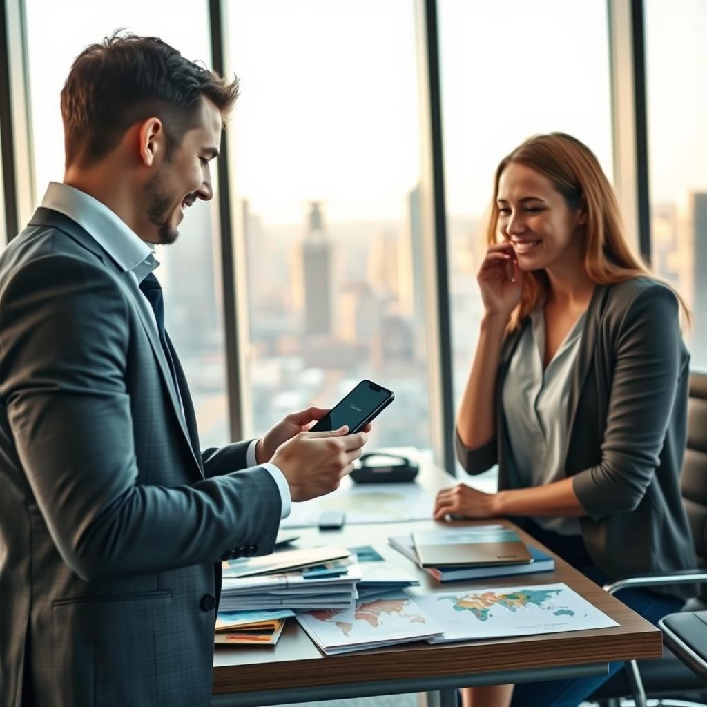 A travel assistance agent in a modern, sleek office setting helps a visibly anxious traveler with a lost passport. In the foreground, the agent, a young professional in business attire, is holding a smartphone, displaying a travel assistance app. The traveler, wearing casual clothing, appears relieved as they interact with the agent. In the middle ground, a desk is cluttered with travel brochures and a world map, suggesting a vibrant travel culture. The background showcases large windows showing a bustling cityscape bathed in warm afternoon light. The scene conveys a sense of urgency yet calm professionalism, highlighting the importance of reliable travel assistance during emergencies. The lighting is bright but soft, creating an inviting atmosphere that emphasizes trust and support.
