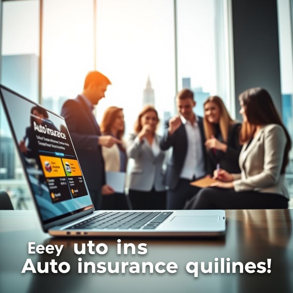 A vibrant and engaging image depicting a futuristic digital interface for obtaining online car insurance quotes. In the foreground, a sleek laptop displays a user-friendly website with colorful graphics highlighting various auto insurance options. The middle ground features a diverse group of professionals in business attire, attentively discussing their insurance needs while pointing at the laptop screen. In the background, a modern cityscape is visible, representing the digital age. Soft, warm natural lighting filters through, creating an inviting atmosphere. The scene is shot from a slightly elevated angle, emphasizing the interaction and the idea of accessibility in obtaining auto insurance quotes online. The overall mood is optimistic and forward-looking, encouraging viewers to take action.
