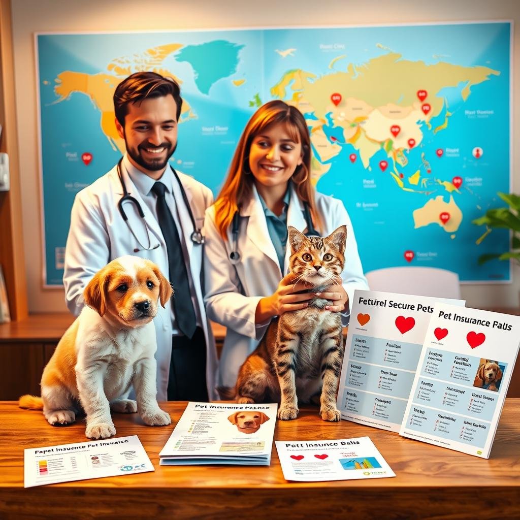 A vibrant and informative scene depicting various secure pet insurance options across different regions. In the foreground, a friendly veterinarian in a smart professional outfit examines a playful puppy and a curious kitten, symbolizing the importance of pet care. In the middle ground, a table displays brochures from diverse pet insurance companies, each highlighting regional differences, such as varying coverage options and prices. The background features a colorful world map pinpointing various locations with symbols of pet care, like paw prints and hearts. Soft, warm lighting enhances the inviting atmosphere, while a slightly elevated camera angle provides a comprehensive perspective. The scene conveys a sense of confidence and security in choosing the right pet insurance. A vibrant and informative scene depicting various secure pet insurance options across different regions. In the foreground, a friendly veterinarian in a smart professional outfit examines a playful puppy and a curious kitten, symbolizing the importance of pet care. In the middle ground, a table displays brochures from diverse pet insurance companies, each highlighting regional differences, such as varying coverage options and prices. The background features a colorful world map pinpointing various locations with symbols of pet care, like paw prints and hearts. Soft, warm lighting enhances the inviting atmosphere, while a slightly elevated camera angle provides a comprehensive perspective. The scene conveys a sense of confidence and security in choosing the right pet insurance.