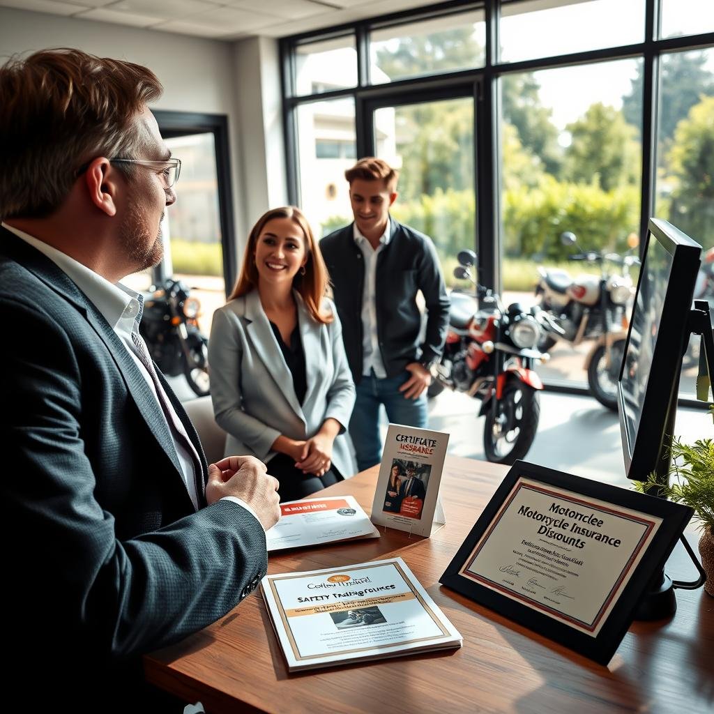 A vibrant image showcasing a motorcycle insurance office interior, with a welcoming atmosphere. In the foreground, a friendly insurance agent in professional business attire is discussing options with a young adult couple who look intrigued and engaged, highlighting the accessibility of motorcycle insurance discounts. In the middle ground, visible brochures emphasizing safety training course discounts are neatly arranged on a table, along with a framed certificate highlighting the benefits of such courses. The background includes a large window allowing natural light to stream in, with a clear view of parked motorcycles outside, symbolizing freedom and adventure. Soft shadows enhance the inviting mood of the scene, with a focus on warmth and professionalism, captured in a wide-angle shot to encompass the entire setting. A vibrant image showcasing a motorcycle insurance office interior, with a welcoming atmosphere. In the foreground, a friendly insurance agent in professional business attire is discussing options with a young adult couple who look intrigued and engaged, highlighting the accessibility of motorcycle insurance discounts. In the middle ground, visible brochures emphasizing safety training course discounts are neatly arranged on a table, along with a framed certificate highlighting the benefits of such courses. The background includes a large window allowing natural light to stream in, with a clear view of parked motorcycles outside, symbolizing freedom and adventure. Soft shadows enhance the inviting mood of the scene, with a focus on warmth and professionalism, captured in a wide-angle shot to encompass the entire setting.