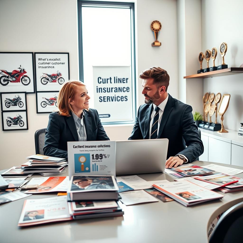 A vibrant office setting with two professional individuals, one male and one female, engaged in a discussion about motorcycle insurance policies. The foreground features a sleek, modern desk cluttered with motorcycle brochures, quotes, and a laptop displaying customer service metrics. In the middle, a large window lets in natural light, illuminating the scene and emphasizing the focused expressions of the professionals. The background showcases a motivational poster about excellent customer service, framed motorcycles on the walls, and a shelf filled with insurance award trophies. The atmosphere is energetic yet serious, highlighting the importance of customer service in insurance providers. Use bright and realistic lighting to create a positive atmosphere, and employ a wide-angle lens to capture the entire setting.