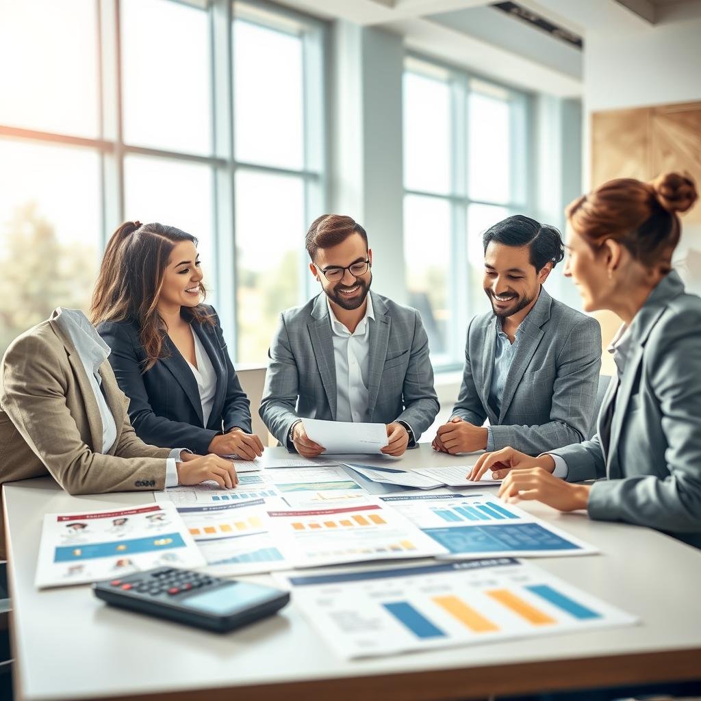 A visually appealing illustration that represents "cost-effective auto coverage." In the foreground, a diverse group of three professionals, including two men and one woman, dressed in smart business attire, are gathered around a table filled with documents and a calculator, discussing insurance policies. In the middle ground, there are various insurance policy brochures and charts illustrating savings from bundling. The background features a serene office setting with large windows allowing natural light to flood in, creating a bright and optimistic atmosphere. The lens should have a shallow depth of field to focus on the group while softly blurring the details in the background, enhancing the warm and collaborative mood of teamwork in achieving budget-friendly auto insurance solutions.