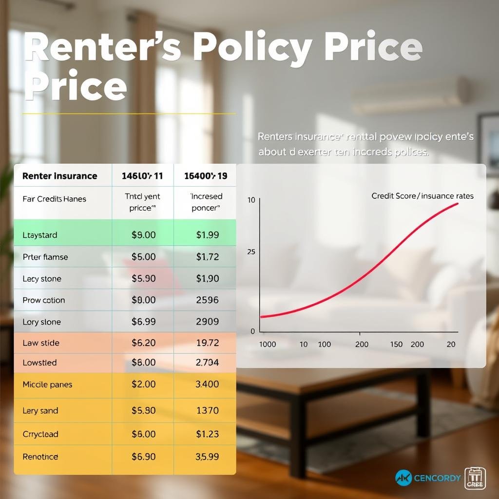 A visually appealing infographic showcasing a renter's policy price comparison. In the foreground, a large, clear table with columns representing different types of renter’s insurance policies and their respective prices, highlighted in vibrant colors. In the middle ground, a graph illustrating the relationship between credit scores and insurance rates, with a smooth curve depicting increased rates for lower credit scores. The background features a subtle apartment setting, with elements like a couch and a window, creating a homey atmosphere. Natural lighting illuminates the scene, emphasizing clarity and professionalism. The overall mood is informative and engaging, inviting viewers to explore the crucial financial aspects of renter’s insurance. A visually appealing infographic showcasing a renter's policy price comparison. In the foreground, a large, clear table with columns representing different types of renter’s insurance policies and their respective prices, highlighted in vibrant colors. In the middle ground, a graph illustrating the relationship between credit scores and insurance rates, with a smooth curve depicting increased rates for lower credit scores. The background features a subtle apartment setting, with elements like a couch and a window, creating a homey atmosphere. Natural lighting illuminates the scene, emphasizing clarity and professionalism. The overall mood is informative and engaging, inviting viewers to explore the crucial financial aspects of renter’s insurance.