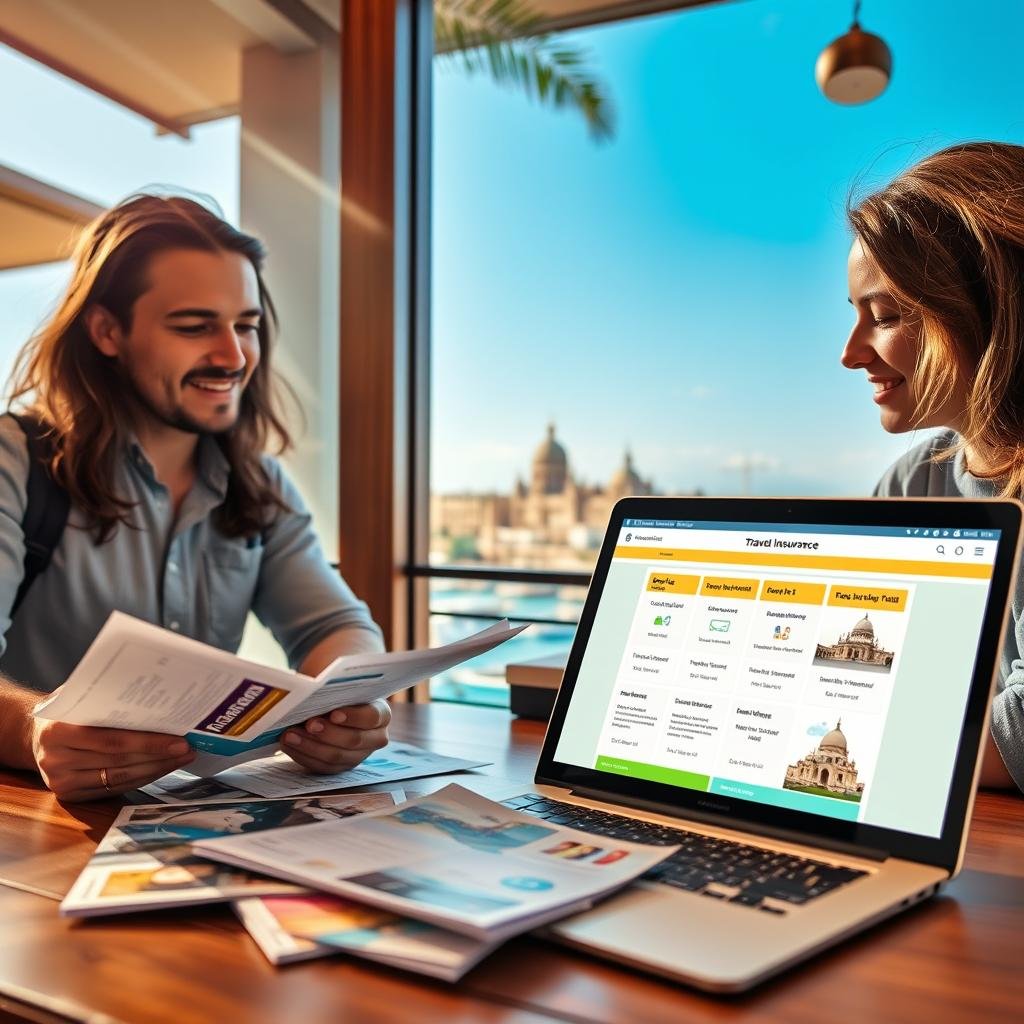A visually appealing scene illustrating affordable travel insurance for international trips. In the foreground, a diverse group of two travelers, a man and a woman, are reviewing travel documents on a café table, both dressed in modest casual clothing, with travel brochures spread out. In the middle ground, a laptop displays an open travel insurance comparison website, with graphics representing different plans. The background features a sunny travel destination skyline, complete with iconic landmarks and a clear blue sky. The lighting is warm and inviting, creating a relaxed and optimistic atmosphere. The angle is slightly above eye level, emphasizing the travelers' engagement with the documents. Aim for a professional yet friendly depiction conducive to travel planning. A visually appealing scene illustrating affordable travel insurance for international trips. In the foreground, a diverse group of two travelers, a man and a woman, are reviewing travel documents on a café table, both dressed in modest casual clothing, with travel brochures spread out. In the middle ground, a laptop displays an open travel insurance comparison website, with graphics representing different plans. The background features a sunny travel destination skyline, complete with iconic landmarks and a clear blue sky. The lighting is warm and inviting, creating a relaxed and optimistic atmosphere. The angle is slightly above eye level, emphasizing the travelers' engagement with the documents. Aim for a professional yet friendly depiction conducive to travel planning.