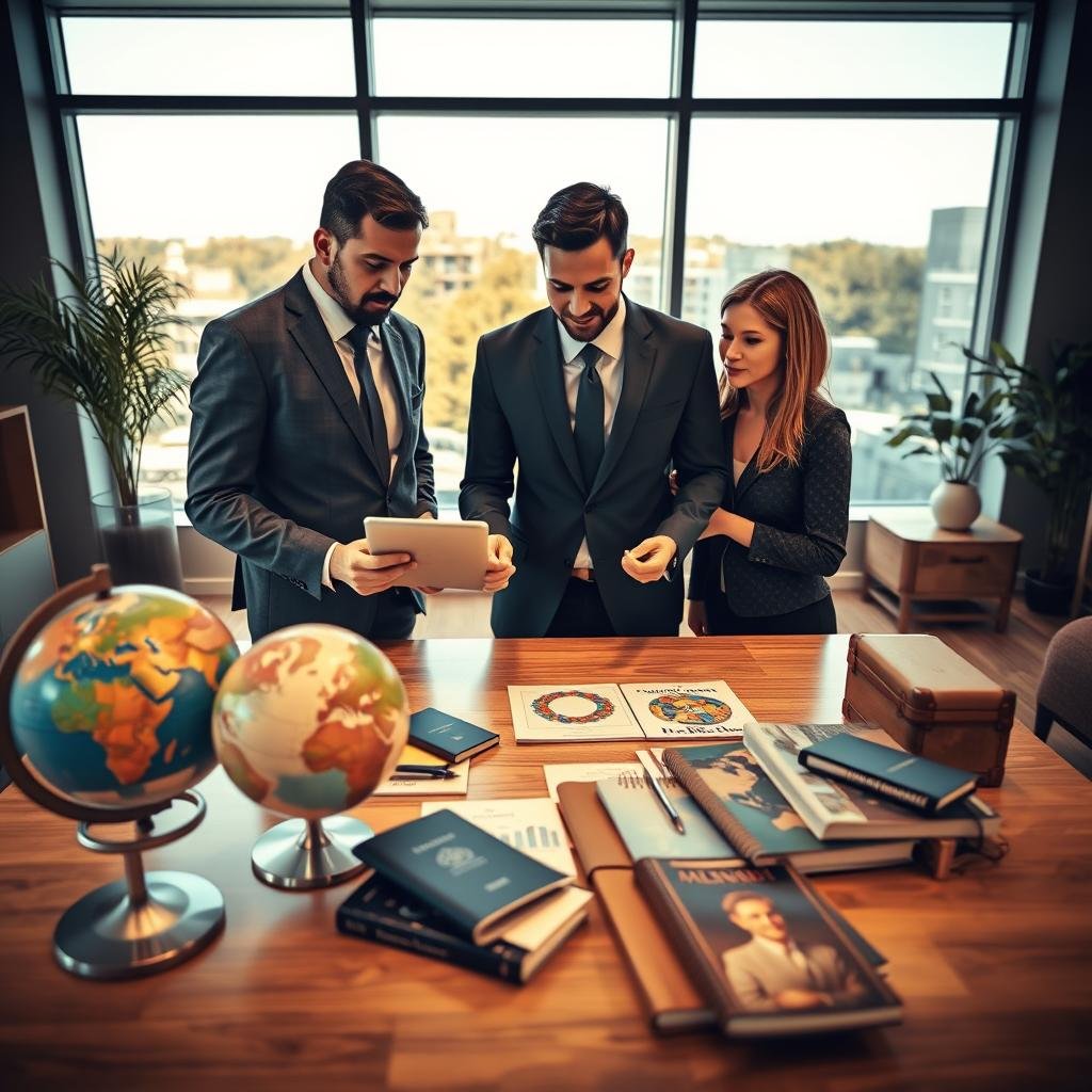 A visually captivating scene depicting a comparison of travel insurance rates. In the foreground, a diverse group of three professionals—two men and one woman—dressed in smart business attire, are intently looking at a digital tablet displaying a travel insurance comparison website. In the middle ground, a large, modern desk is filled with travel-related items: a globe, passport, and annual travel journals. The background features an aesthetically pleasing office environment, with large windows letting in warm natural light that creates a welcoming atmosphere. The camera angle is slightly above eye level, providing a clear view of the group’s expressions of concentration and engagement, conveying a sense of informed decision-making in selecting the best travel insurance options. The overall mood is professional yet inviting, encouraging readers to explore their travel insurance choices.