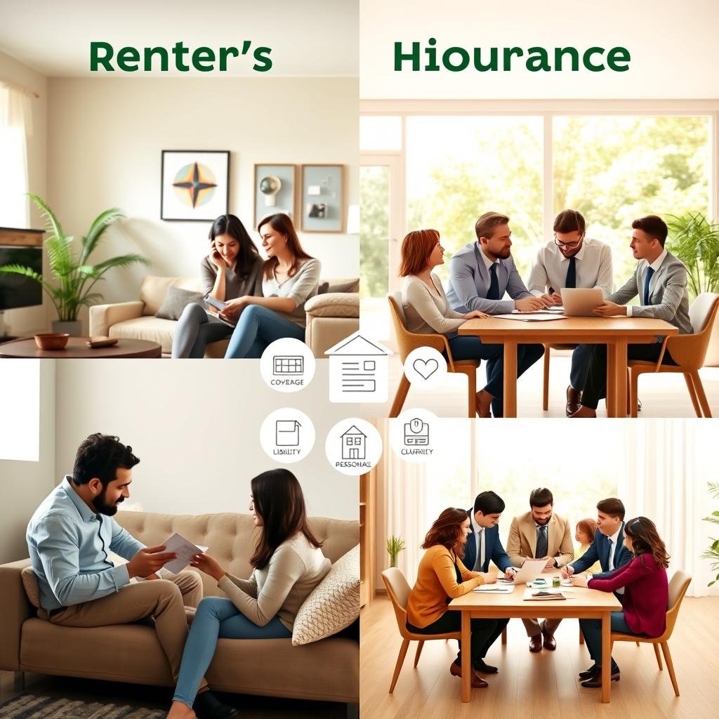 A visually engaging comparison of renter's insurance and homeowners insurance, set in a split-screen format. In the foreground, on the left, depict a cozy, rented apartment living room with a young professional couple examining an insurance policy together, dressed in smart, casual attire. On the right, illustrate a spacious, well-decorated home with a family discussing homeowners insurance over a table, showcasing diverse individuals in professional business attire. The middle ground features icons or symbols representing policy details, such as coverage items, liability, and personal property. In the background, a sunny day outside hints at stability. Use warm natural lighting to create an inviting atmosphere, shot with a slightly raised angle to capture both scenes effectively.