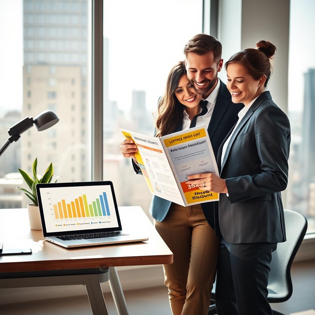 A visually engaging composition illustrating the theme of auto insurance discounts and long-term savings strategies. In the foreground, a smiling professional couple in business attire stands confidently, reviewing a colorful brochure highlighting various insurance discount options. In the middle ground, a modern office desk displays a laptop with graphs showing savings over time, alongside a potted plant for a touch of vibrancy. In the background, a large window reveals a sunny day outside, symbolizing a bright future, with cityscape elements adding depth. The lighting is soft and inviting, creating a warm atmosphere that reflects optimism and success. Use a slightly elevated angle to capture the interaction between the couple and the materials, emphasizing their positive engagement with the concept of financial savings. A visually engaging composition illustrating the theme of auto insurance discounts and long-term savings strategies. In the foreground, a smiling professional couple in business attire stands confidently, reviewing a colorful brochure highlighting various insurance discount options. In the middle ground, a modern office desk displays a laptop with graphs showing savings over time, alongside a potted plant for a touch of vibrancy. In the background, a large window reveals a sunny day outside, symbolizing a bright future, with cityscape elements adding depth. The lighting is soft and inviting, creating a warm atmosphere that reflects optimism and success. Use a slightly elevated angle to capture the interaction between the couple and the materials, emphasizing their positive engagement with the concept of financial savings.