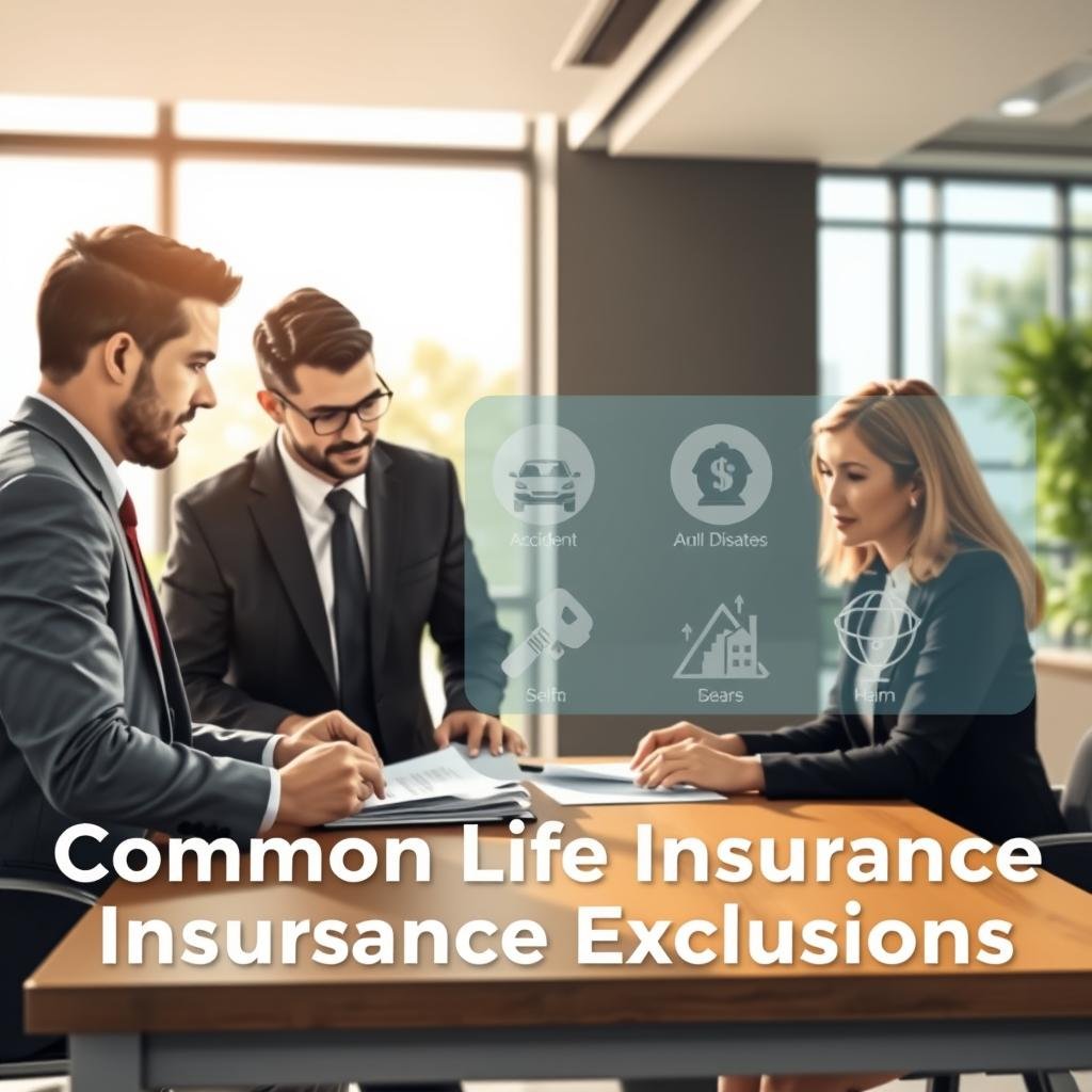 A visually engaging illustration depicting "Common Life Insurance Exclusions." In the foreground, a diverse group of professionals in business attire—two men and one woman—are gathered around a table laden with documents and a laptop, discussing policy details. The middle ground features a large, semi-transparent graphic overlay showing icons representing common exclusions, such as a car accident, natural disasters, and self-harm, each symbol subtly illustrated. The background presents a modern office environment, with large windows allowing natural sunlight to flood the space, creating a warm, inviting atmosphere. The scene is well-lit to emphasize the seriousness of the discussion yet maintains a professional mood. Use a perspective that captures both the group and the graphical elements cohesively, ensuring clarity and focus on the topic.