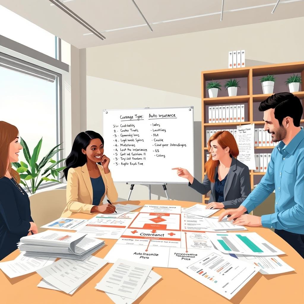 A visually engaging illustration depicting how to choose auto insurance coverage, set in a modern office environment. In the foreground, a diverse group of professionals—two women and a man—are gathered around a large table filled with paperwork and charts displaying different auto insurance options. They are dressed in smart casual attire, discussing and pointing at a detailed flowchart on the table. In the middle ground, a large window lets in natural light, illuminating a whiteboard filled with bullet points about coverage types. The background features a sleek bookshelf with insurance reference books and potted plants, creating a warm, inviting atmosphere. The scene conveys a sense of collaboration, focus, and informed decision-making, captured from a slightly elevated angle to encompass the dynamic interaction. A visually engaging illustration depicting how to choose auto insurance coverage, set in a modern office environment. In the foreground, a diverse group of professionals—two women and a man—are gathered around a large table filled with paperwork and charts displaying different auto insurance options. They are dressed in smart casual attire, discussing and pointing at a detailed flowchart on the table. In the middle ground, a large window lets in natural light, illuminating a whiteboard filled with bullet points about coverage types. The background features a sleek bookshelf with insurance reference books and potted plants, creating a warm, inviting atmosphere. The scene conveys a sense of collaboration, focus, and informed decision-making, captured from a slightly elevated angle to encompass the dynamic interaction.