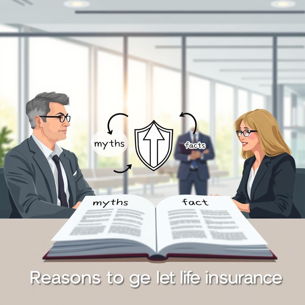 A visually engaging illustration depicting "reasons to get life insurance," with a professional setting. In the foreground, show a confident, middle-aged man and woman in business attire, discussing an open file with life insurance brochures on a modern desk. The middle scene features a subtle blend of symbolic elements representing common misconceptions, such as a broken shield labeled 'myths' and an upward arrow graphic labeled 'facts.' The background should depict a well-lit office with large windows, allowing natural light to stream in, enhancing a sense of hope and clarity. Use a soft focus to create a professional atmosphere, capturing a moment of enlightenment and understanding about life insurance benefits. A visually engaging illustration depicting "reasons to get life insurance," with a professional setting. In the foreground, show a confident, middle-aged man and woman in business attire, discussing an open file with life insurance brochures on a modern desk. The middle scene features a subtle blend of symbolic elements representing common misconceptions, such as a broken shield labeled 'myths' and an upward arrow graphic labeled 'facts.' The background should depict a well-lit office with large windows, allowing natural light to stream in, enhancing a sense of hope and clarity. Use a soft focus to create a professional atmosphere, capturing a moment of enlightenment and understanding about life insurance benefits.
