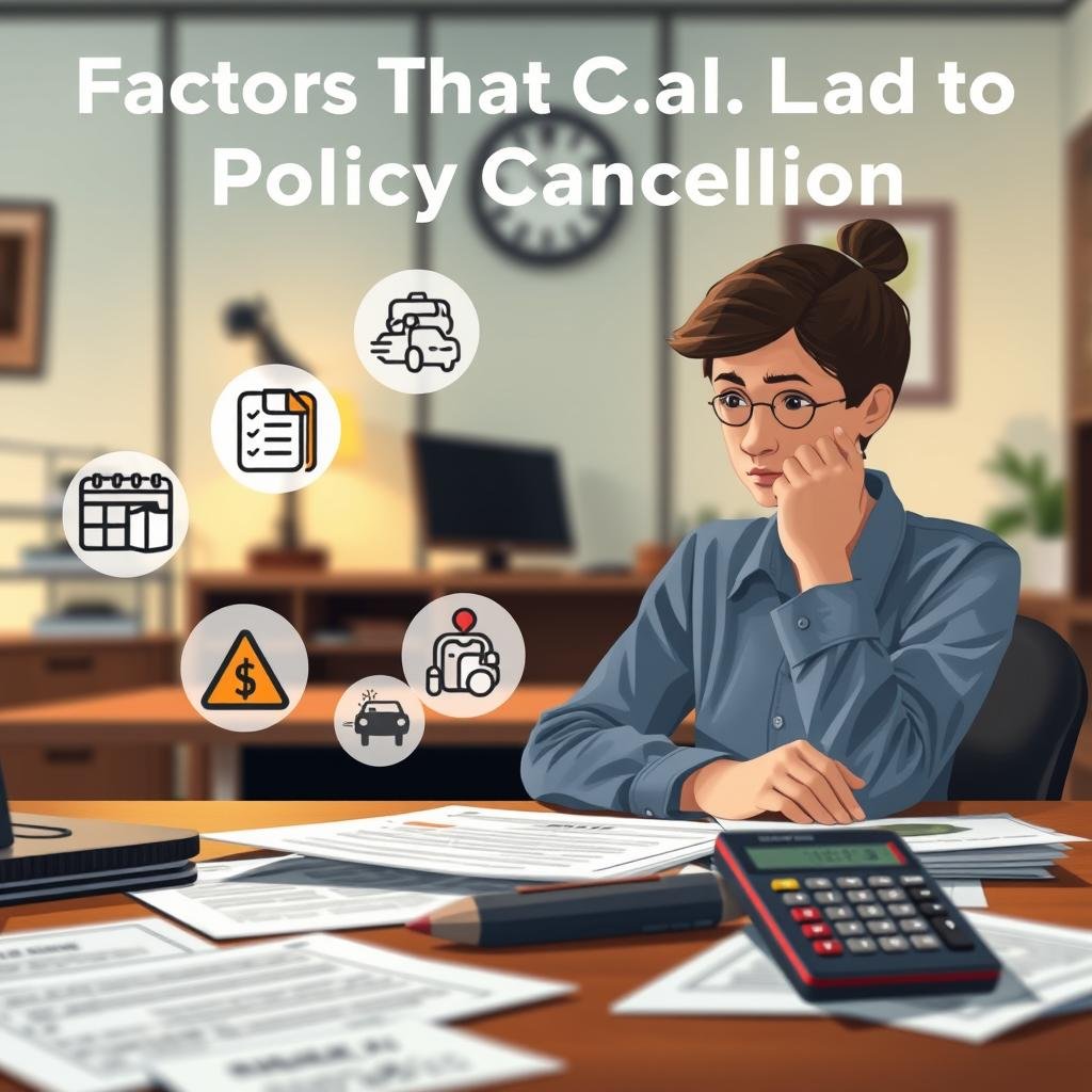 A visually engaging illustration depicting the concept of "Factors That Can Lead to Policy Cancellation" in the context of auto insurance. In the foreground, a concerned customer sits at a desk covered with documents, highlighting factors like missed payments, accidents, and changes in policy terms, represented visually through icons or images like a calendar, warning signs, and a policy document. The middle ground features a calculator and a calculator, signifying budget concerns, with a serious but professional tone. The background should depict an office environment with soft, warm lighting to create a contemplative atmosphere. Use a shallow depth of field to emphasize the foreground details, while keeping the setting slightly out of focus to maintain a professional look. The overall mood should convey the seriousness and potential consequences of policy cancellation in auto insurance.