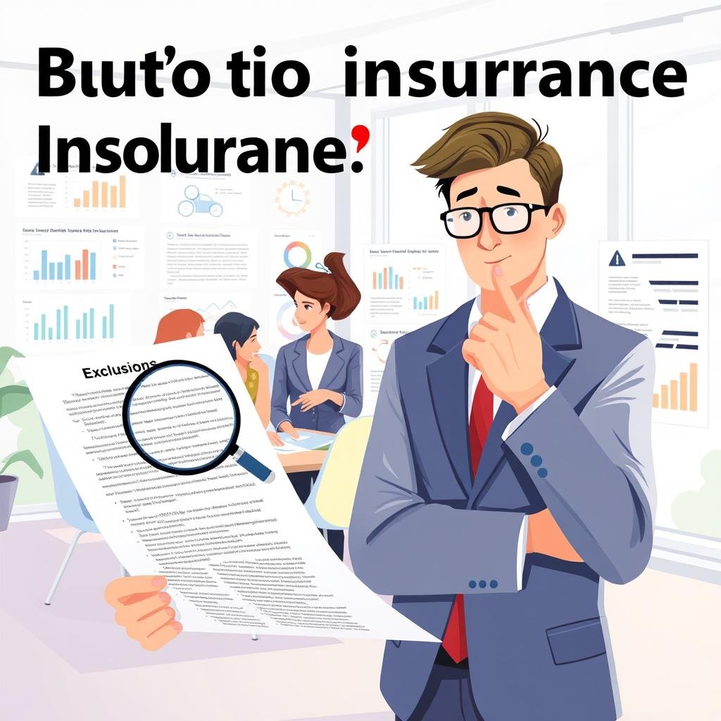 A visually engaging illustration focusing on the benefits of auto insurance coverage, specifically highlighting policy exclusions. In the foreground, a thoughtful insurance agent in professional attire is reviewing a detailed policy document with a magnifying glass, showcasing the importance of understanding exclusions. In the middle ground, a diverse group of individuals, also in business casual attire, are sitting at a table, discussing their options and pointing at specific clauses in their policies. The background features a bright, modern office environment filled with charts and graphs illustrating auto insurance benefits. Soft, natural light filters in through large windows, creating a welcoming, informative atmosphere. The overall mood is one of professionalism and clarity, emphasizing the importance of being informed about auto insurance agreements. A visually engaging illustration focusing on the benefits of auto insurance coverage, specifically highlighting policy exclusions. In the foreground, a thoughtful insurance agent in professional attire is reviewing a detailed policy document with a magnifying glass, showcasing the importance of understanding exclusions. In the middle ground, a diverse group of individuals, also in business casual attire, are sitting at a table, discussing their options and pointing at specific clauses in their policies. The background features a bright, modern office environment filled with charts and graphs illustrating auto insurance benefits. Soft, natural light filters in through large windows, creating a welcoming, informative atmosphere. The overall mood is one of professionalism and clarity, emphasizing the importance of being informed about auto insurance agreements.