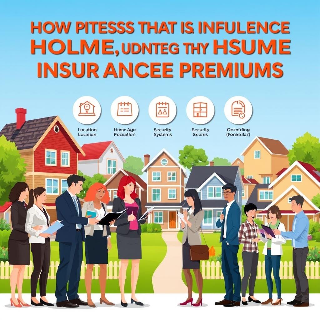 A visually engaging infographic illustration depicting the various factors that influence home insurance premiums. In the foreground, a diverse group of people dressed in professional attire, discussing the topic with open folders and documents. The middle layer showcases icons representing factors such as location, home age, security systems, and credit scores, arranged in an engaging manner. The background features a cozy neighborhood scene with diverse homes reflecting various styles and conditions, under a clear blue sky. The lighting is bright and inviting, creating a welcoming atmosphere. The image should convey professionalism and informality at the same time, encouraging viewers to understand the complexity of home insurance.