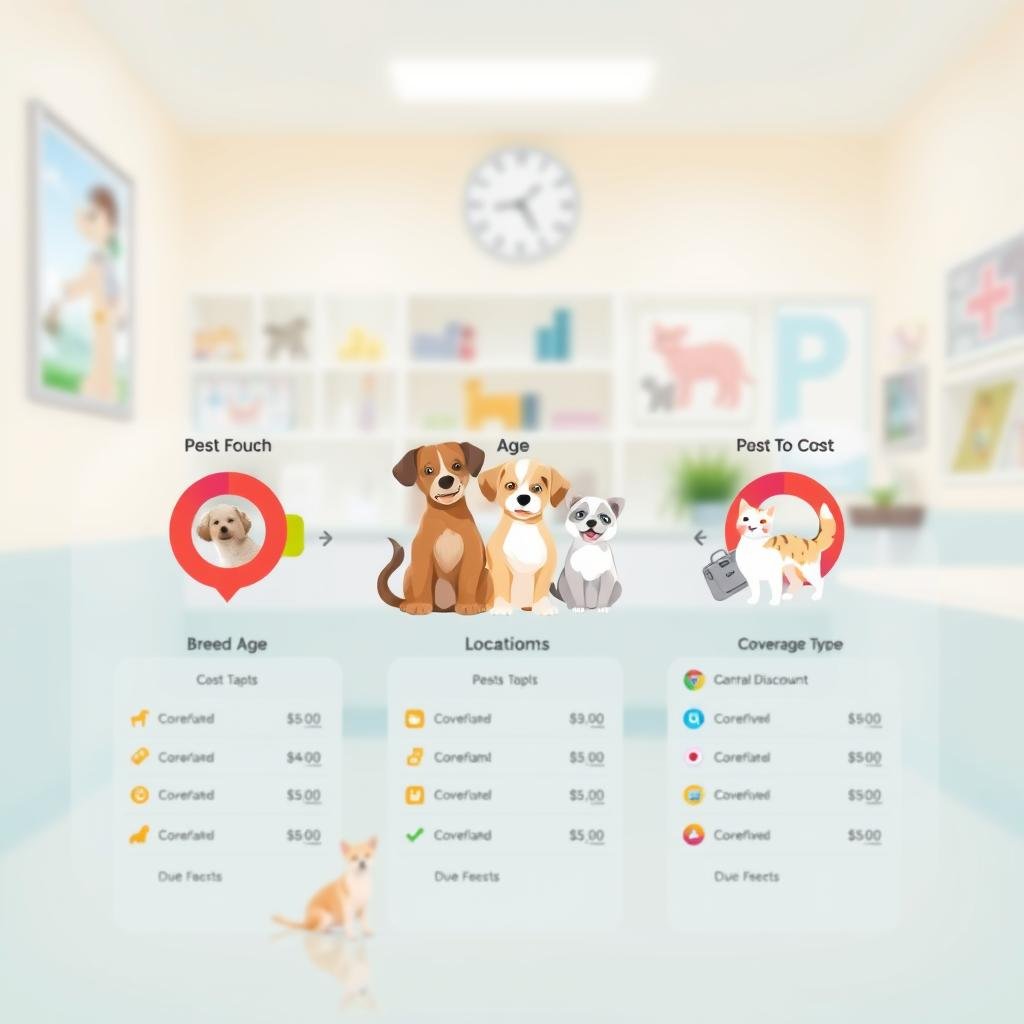 A visually engaging infographic-style illustration of a pet insurance cost breakdown. In the foreground, use clear, labeled sections displaying various cost factors, such as breed, age, location, and coverage type in an organized and colorful format. In the middle ground, subtly incorporate playful visuals of pets, such as a dog and cat, alongside the cost factors, adding a warm and inviting touch. In the background, use a soft-focus, light pastel color scheme to maintain a calm atmosphere, reminiscent of a veterinary office or pet care environment. The lighting should be bright but gentle, evoking professionalism and trust. The composition should be well-balanced, inviting readers to explore the details effortlessly.