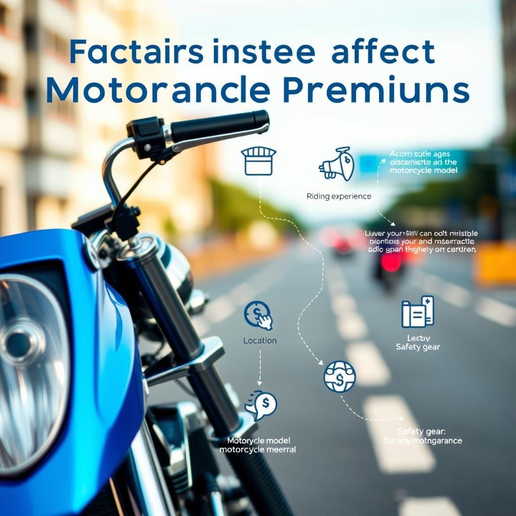 A visually engaging infographic-style image illustrating the factors affecting motorcycle insurance premiums. In the foreground, display a detailed motorcycle with prominent features like a bright blue frame and shiny chrome parts. In the middle ground, integrate various icons representing key factors such as age, riding experience, motorcycle model, location, and safety gear—each icon clearly labeled and easily recognizable. In the background, depict a blurred urban setting with elements like roads and traffic to imply real-world context. Use soft, natural lighting to create a professional atmosphere, and choose a slightly elevated angle to give depth to the composition. The mood should be informative and accessible, aimed at educating viewers on motorcycle insurance premiums, without any text or branding elements included.