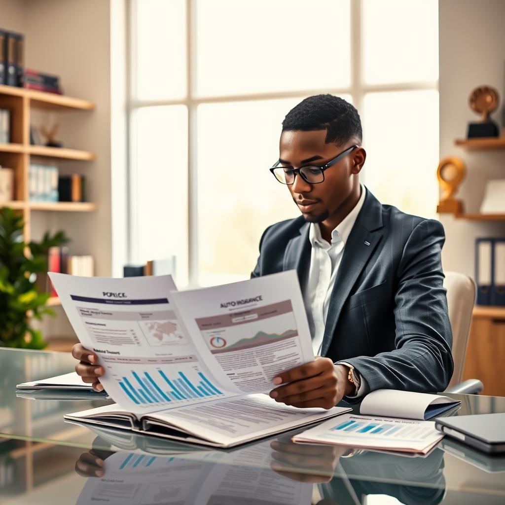 A visually engaging office scene depicting a professional insurance advisor sitting at a sleek desk, reviewing an open auto insurance policy document. In the foreground, the advisor, a diverse individual dressed in a smart business suit, is thoughtfully examining key features of the policy, surrounded by digital charts showcasing various coverage options. In the middle ground, a large window lets in soft, natural light, creating a warm and inviting atmosphere. The background features shelves with insurance-related books and awards, subtly reinforcing the theme of expertise in choosing the right coverage. The lighting is bright yet soft, emphasizing professionalism and trust. The composition should capture a sense of clarity and confidence in decision-making.