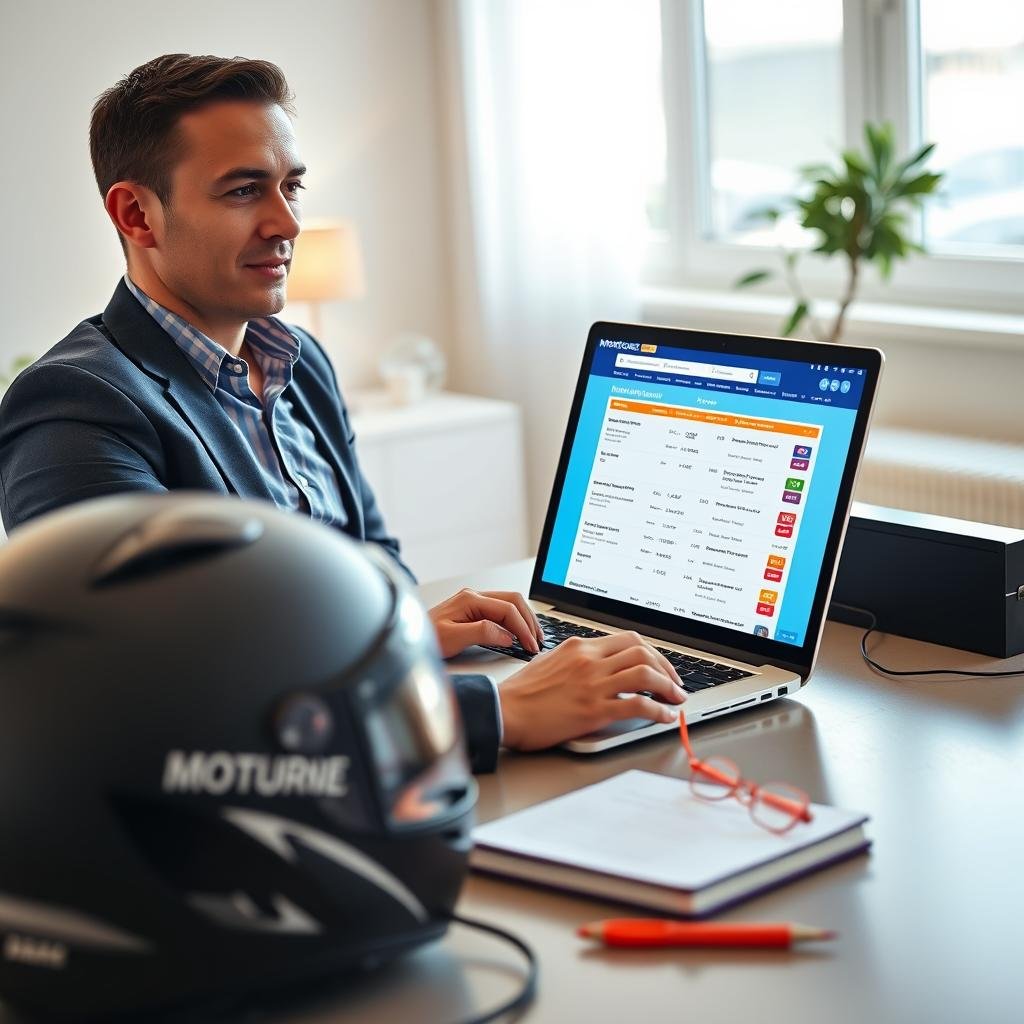 A visually engaging scene depicting a person sitting at a modern desk with a laptop open, focused on comparing motorcycle insurance quotes online. The foreground features a neatly organized workspace with a motorcycle helmet and a notepad filled with notes about different insurance plans. In the middle, the laptop screen shows a vibrant interface of an insurance comparison website, filled with clear and colorful quotes. The background includes a bright and airy room with soft natural light coming through a window, creating an inviting atmosphere. The person is dressed in smart casual attire, exuding a professional yet approachable vibe. The overall mood is informative and positive, reflecting the ease of finding affordable motorcycle insurance online. The camera angle is slightly above eye level, capturing both the individual and the laptop screen clearly.