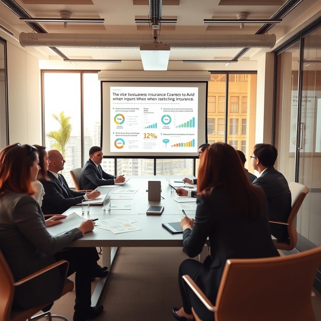 A visually engaging scene depicting a professional business meeting about affordable business insurance options. In the foreground, a diverse group of business professionals, dressed in smart business attire, are seated around a sleek conference table, reviewing documents and charts showing various insurance options. In the middle ground, a large projection screen displays colorful graphs and statistics on common mistakes to avoid when selecting insurance. The background features a modern office setting with large windows letting in soft, natural light, illuminating the room. The mood should feel focused and collaborative, emphasizing the importance of informed decision-making, with warm color tones to create a welcoming atmosphere. The perspective is an inviting angle that captures both the participants and the presentation effectively. A visually engaging scene depicting a professional business meeting about affordable business insurance options. In the foreground, a diverse group of business professionals, dressed in smart business attire, are seated around a sleek conference table, reviewing documents and charts showing various insurance options. In the middle ground, a large projection screen displays colorful graphs and statistics on common mistakes to avoid when selecting insurance. The background features a modern office setting with large windows letting in soft, natural light, illuminating the room. The mood should feel focused and collaborative, emphasizing the importance of informed decision-making, with warm color tones to create a welcoming atmosphere. The perspective is an inviting angle that captures both the participants and the presentation effectively.
