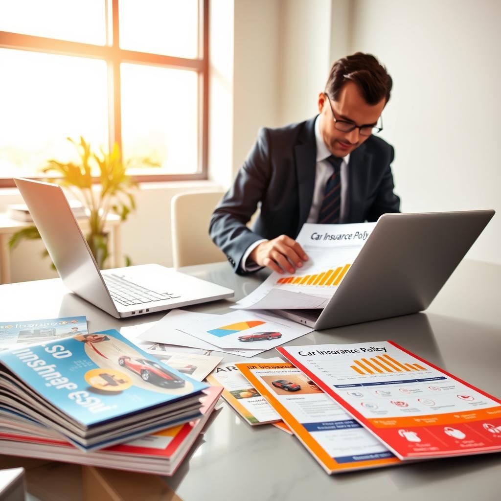 A visually engaging scene depicting a professional business person, dressed in smart attire, analyzing a document labeled "Car Insurance Policy" on a sleek modern desk. In the foreground, several colorful brochures about discounted car insurance rates are scattered across the desk, highlighting various options with appealing graphics. The middle ground should show a laptop open, displaying a chart with declining insurance rates and various icons representing coverage options. In the background, a large window lets in bright natural light, illuminating the room and creating a positive, optimistic atmosphere. The overall mood is one of clarity and professionalism, emphasizing the importance of understanding policy terms and conditions in a warm, inviting office setting.