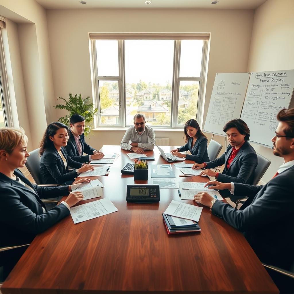 A visually engaging scene depicting a professional setting for home insurance renewal preparations. In the foreground, a diverse group of individuals in business attire are seated around a polished wooden conference table laden with papers, brochures, and a calculator, analyzing figures for home insurance quotes. In the middle ground, a large window letting in bright, natural light, showcasing a suburban landscape outside. On the wall, a large whiteboard displays organized notes and strategies for saving on insurance. The background features a plant and minimalistic decor, promoting a calming atmosphere. The overall mood is focused and collaborative, emphasizing the importance of preparing for home insurance renewal. Use a warm color palette to convey a sense of trust and security. Shot at eye level with soft, diffused lighting to enhance the professional yet inviting ambiance.