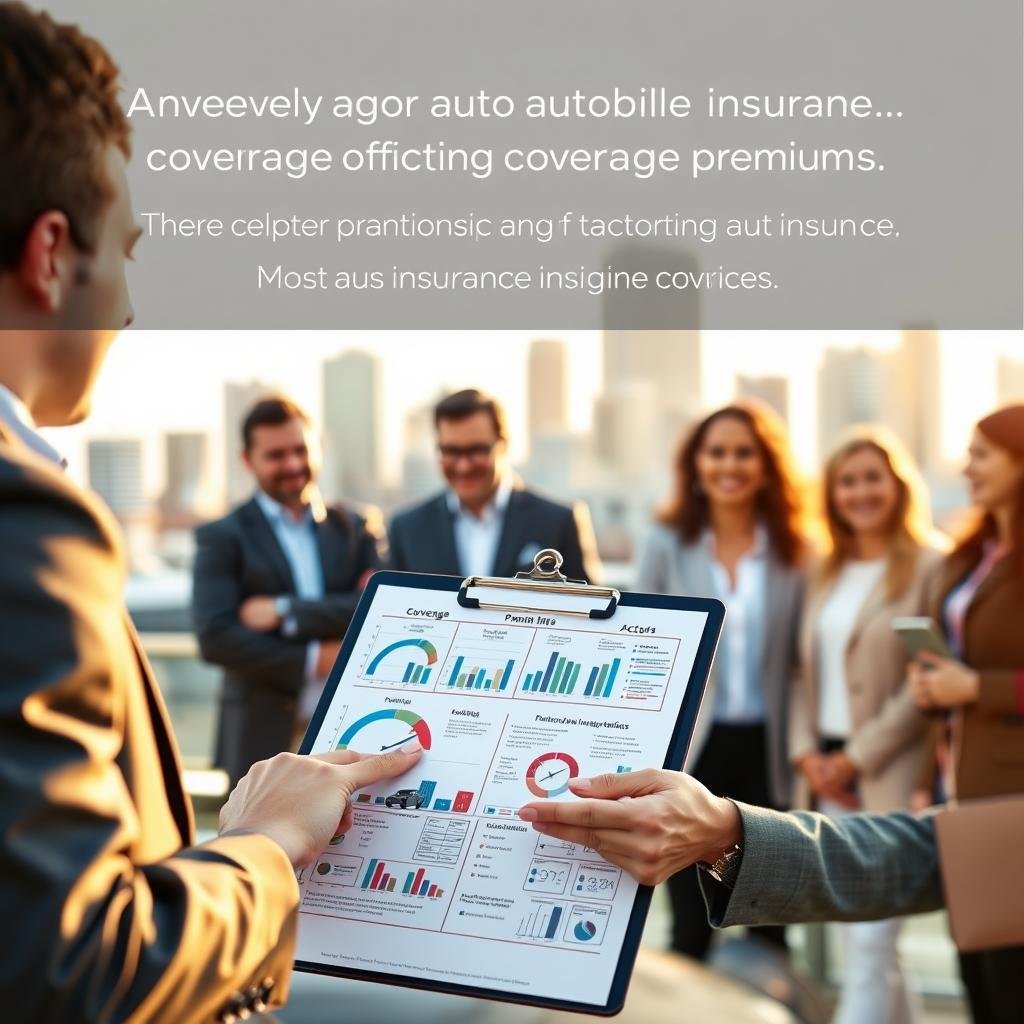 A visually engaging scene depicting the advantages of automobile insurance coverage, emphasizing factors affecting coverage premiums. In the foreground, a confident insurance agent in professional business attire presents a clipboard filled with charts and graphs illustrating various coverage options and premium factors. The middle ground features a diverse group of satisfied clients—men and women of different ethnicities, nodding in agreement and discussing their insurance choices. In the background, a modern city skyline represents security and stability, bathed in warm, inviting sunlight. The overall atmosphere conveys trust and professionalism, highlighting the importance of understanding insurance benefits. Capture the scene at eye level, using a balanced composition, with a soft focus on the background for depth. A visually engaging scene depicting the advantages of automobile insurance coverage, emphasizing factors affecting coverage premiums. In the foreground, a confident insurance agent in professional business attire presents a clipboard filled with charts and graphs illustrating various coverage options and premium factors. The middle ground features a diverse group of satisfied clients—men and women of different ethnicities, nodding in agreement and discussing their insurance choices. In the background, a modern city skyline represents security and stability, bathed in warm, inviting sunlight. The overall atmosphere conveys trust and professionalism, highlighting the importance of understanding insurance benefits. Capture the scene at eye level, using a balanced composition, with a soft focus on the background for depth.