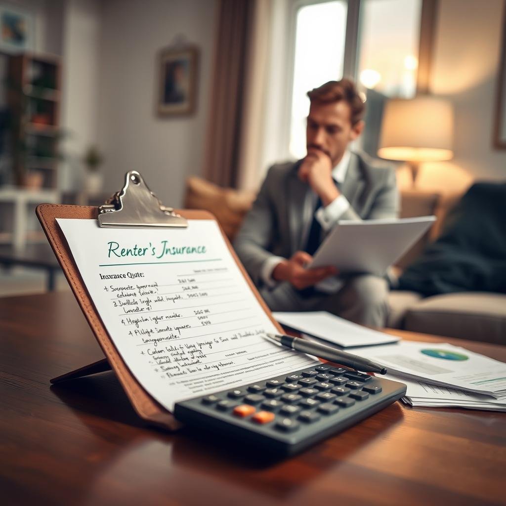 A visually engaging scene illustrating a renter's insurance quote process. In the foreground, display a clipboard with an insurance quote form filled with professional-looking handwritten notes. Beside it, a calculator with papers showing calculations and a pen, all arranged neatly. In the middle ground, depict a person in smart casual attire, thoughtfully reviewing the quote and making notes, with an attentive expression. The background should feature a cozy living room setting, suggesting a rented apartment, complete with soft ambient lighting from a nearby window, creating a warm atmosphere. Use a shallow depth of field to emphasize the foreground elements, capturing the seriousness and importance of filing a claim.