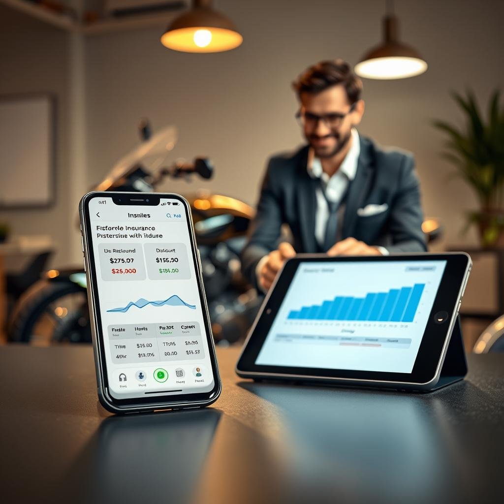 A visually engaging scene showcasing the concept of affordable motorcycle insurance rates through technology. In the foreground, a sleek, modern smartphone displays an insurance app with detailed graphs and discounts, positioned on a desk. The middle ground features a rider in professional business attire, smiling as they analyze their insurance savings on a tablet. In the background, a stylish motorcycle gleams under soft, warm lighting, creating an inviting atmosphere. The setting is a contemporary office space with minimalist decor, highlighting a sense of professionalism and efficiency. The mood is optimistic and forward-thinking, emphasizing the use of technology for financial benefits in motorcycle insurance. A visually engaging scene showcasing the concept of affordable motorcycle insurance rates through technology. In the foreground, a sleek, modern smartphone displays an insurance app with detailed graphs and discounts, positioned on a desk. The middle ground features a rider in professional business attire, smiling as they analyze their insurance savings on a tablet. In the background, a stylish motorcycle gleams under soft, warm lighting, creating an inviting atmosphere. The setting is a contemporary office space with minimalist decor, highlighting a sense of professionalism and efficiency. The mood is optimistic and forward-thinking, emphasizing the use of technology for financial benefits in motorcycle insurance.