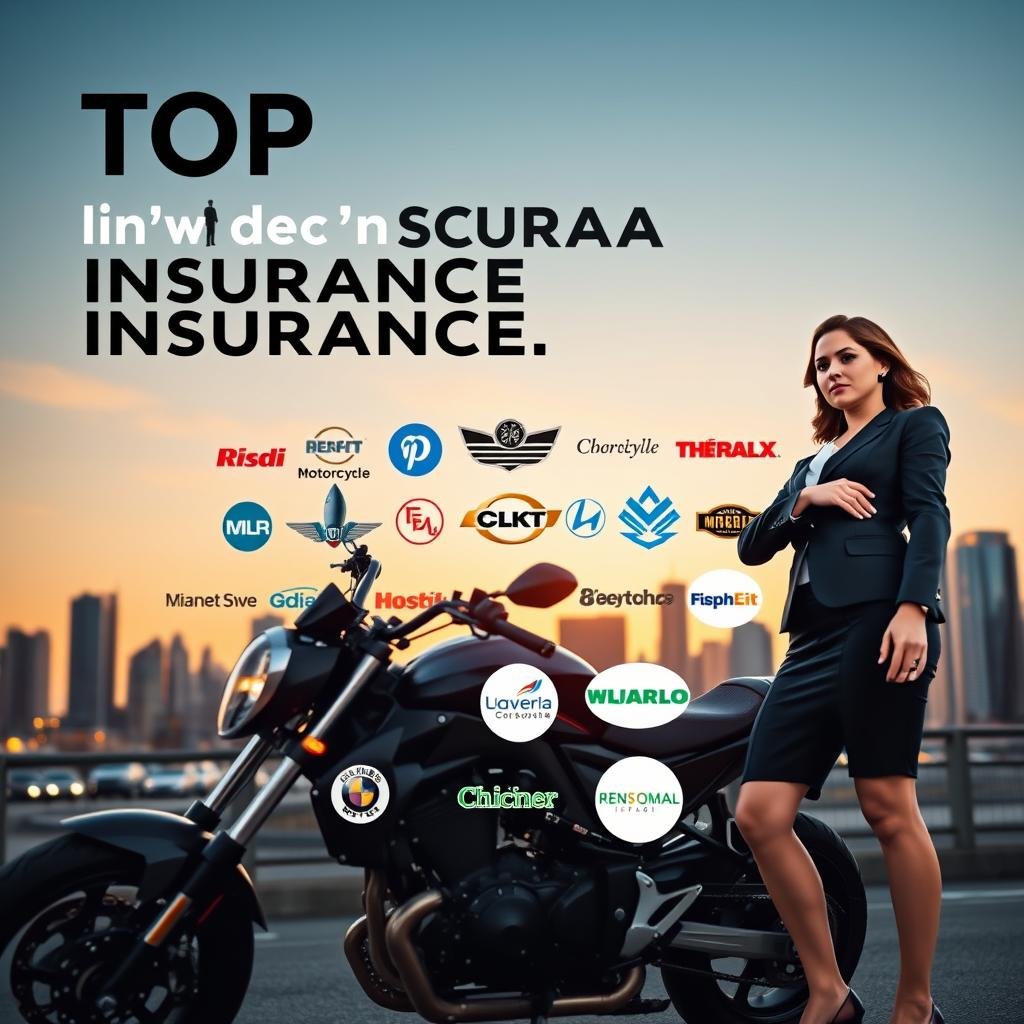 A visually striking composition showcasing the top motorcycle insurance providers in the US. In the foreground, a confident, professional-looking businesswoman in smart business attire stands beside a sleek motorcycle, representing the dynamic blend of insurance and motorcycling. The middle ground features a collection of well-known motorcycle insurance logos artistically integrated into a creative display, symbolizing the trusted companies. In the background, a vibrant city skyline at dusk glows warmly under a clear sky, with soft lighting highlighting the scene. The angle should be slightly low, giving a sense of empowerment, while maintaining a clear focus on the motorcycle and the insurance logo display. The mood is professional yet adventurous, conveying the excitement of motorcycle ownership alongside the peace of mind provided by top insurance options.