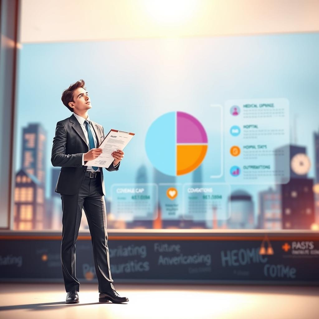 A visually striking illustration depicting the concept of health insurance coverage limitations. In the foreground, a professional businessperson in smart attire stands confidently holding a clipboard filled with health insurance forms, expressing a sense of contemplation. In the middle ground, a large pie chart and various infographics illustrate different coverage caps and limitations, with icons representing medical expenses like hospital stays, prescriptions, and outpatient services. The background features an abstract cityscape symbolizing advancement in healthcare, bathed in soft, warm lighting to evoke optimism and future trends. The scene is framed with a shallow depth of field, drawing attention to the details in the foreground while creating a professional atmosphere that captures the essence of evolving health insurance coverage.