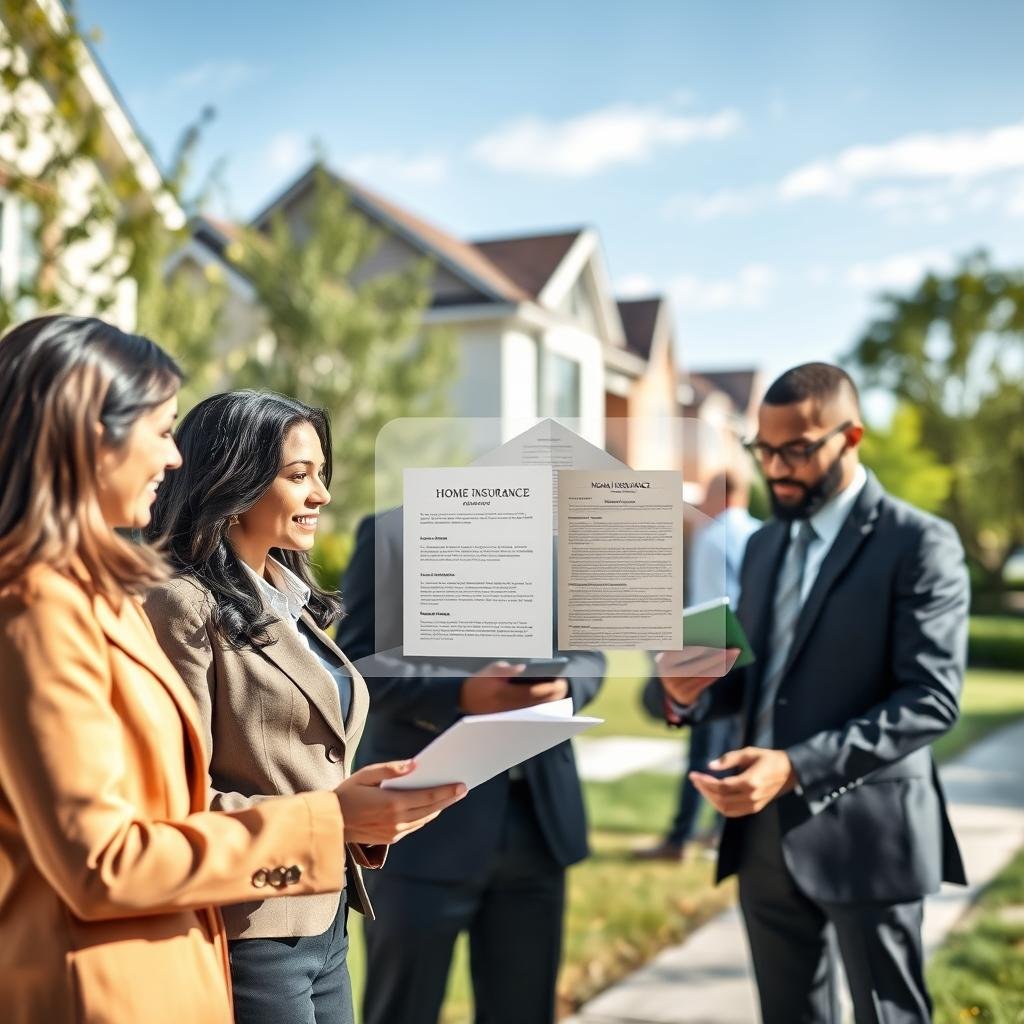 A visually striking illustration of the relationship between home insurance and mortgage agreements. In the foreground, a diverse group of four professionals in business attire, including a woman and a man, discuss a document while standing near a modern home. The middle layer features a large house model with a transparent overlay of insurance policy documents and mortgage agreements, emphasizing paperwork. In the background, soft-focus, a serene neighborhood setting with trees and clear skies conveys stability. Bright, natural lighting highlights the professionals’ expressions of assurance and collaboration. Capture the professional atmosphere, focusing on trust and security that home insurance brings to the mortgage process.