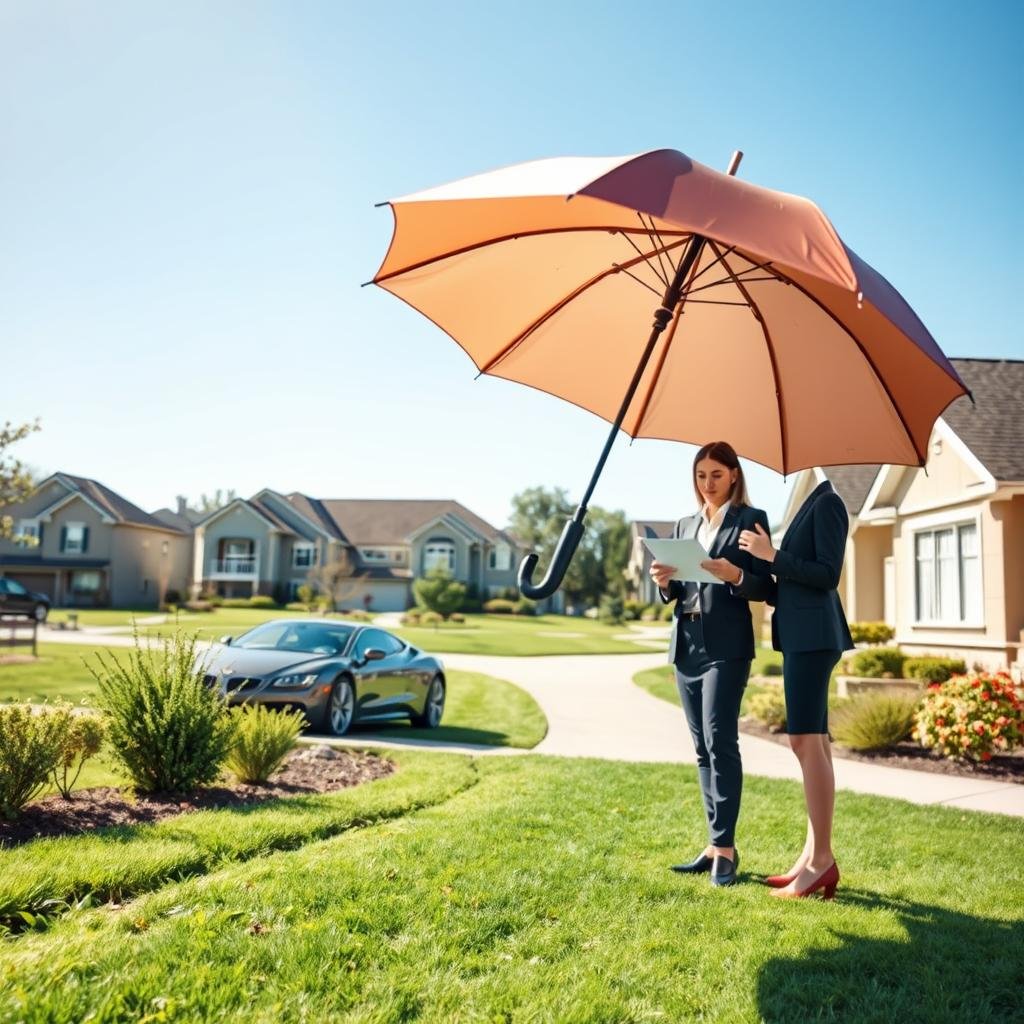 A visually striking illustration of umbrella insurance concepts. In the foreground, a sturdy, open umbrella symbolically shielding a mix of home, car, and personal assets, reflecting protection and security. In the middle ground, a professional-looking couple in business attire discuss financial documents, showcasing collaboration and informed decision-making. The background features a serene suburban neighborhood under clear blue skies, representing stability and safety. Soft sunlight bathes the scene, creating a warm and inviting atmosphere. The angle is slightly elevated, providing a holistic view of the protective scene. Focus on clarity and detail, ensuring the essence of safeguarding financial futures is palpable.