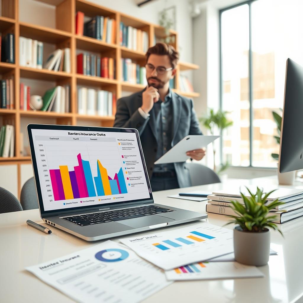 A visually striking image depicting a bright and organized workspace focused on renters insurance price comparison. In the foreground, a clean desk with a laptop displaying a colorful chart comparing various insurance quotes. Next to the laptop, there are graphs and documents showcasing discounts on renters insurance. In the middle ground, a professional in smart casual attire, with a thoughtful expression, is analyzing the data. On the desk, a potted plant adds a touch of greenery. The background features a modern office design, including shelves filled with books about finance and insurance. Soft, natural lighting from a large window creates a welcoming atmosphere, and the angle is slightly tilted down, emphasizing the workspace. The overall mood is focused and informative.