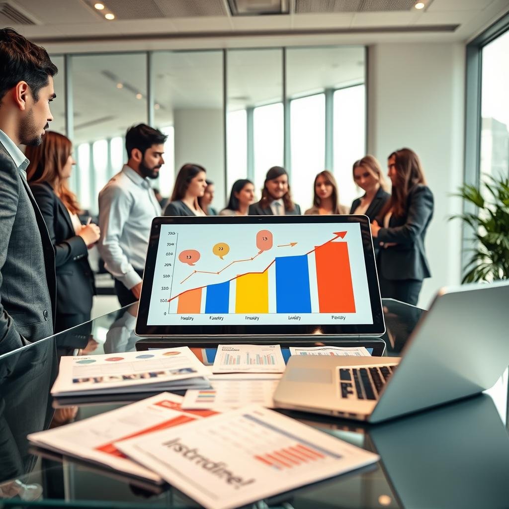 A visually striking image depicting the concept of comparing life insurance premiums, set in a modern office environment. In the foreground, a diverse group of professionals in business attire, engaged in a discussion around a large digital tablet displaying a colorful graph of different insurance premiums with arrows indicating comparisons. In the middle ground, a sleek glass table with various insurance pamphlets and a laptop showing financial data charts. The background features a well-lit office with large windows, letting in soft natural light, creating a warm and inviting atmosphere. Aim for a sense of collaboration and professionalism, capturing the importance of making informed decisions in financial planning. Use a wide-angle perspective to encompass the engagement and resources in the scene.