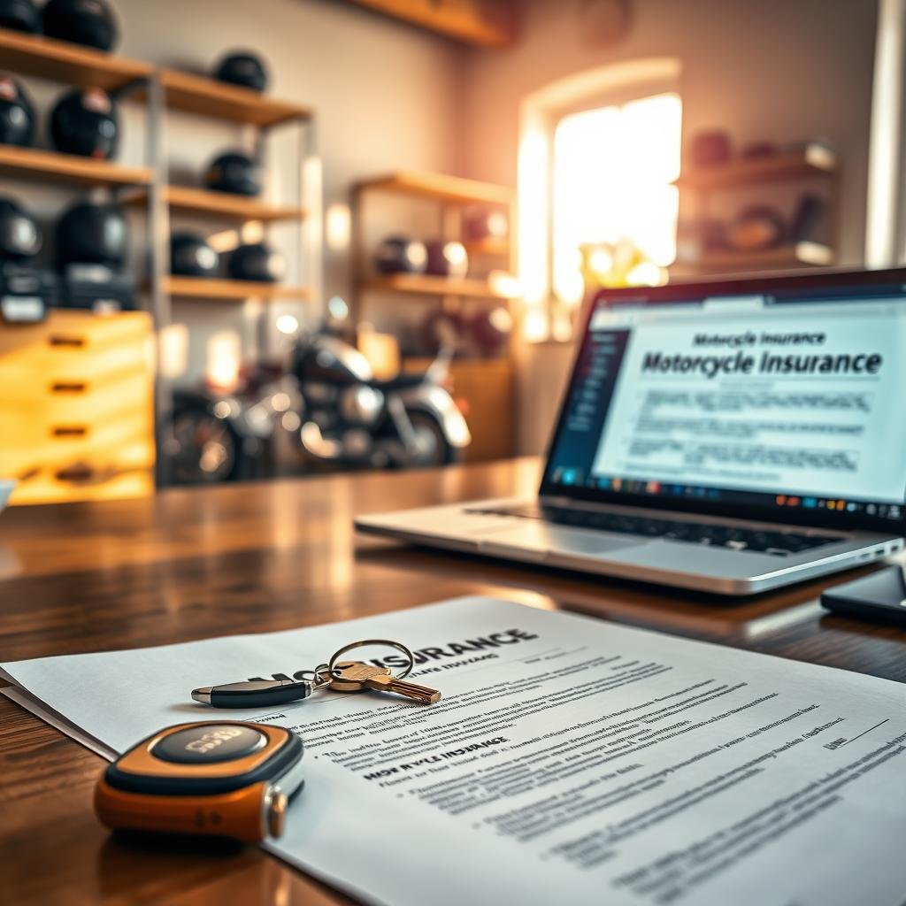 A visually striking image showcasing a variety of motorcycle insurance documents laid out on a polished wooden desk. In the foreground, a close-up of a motorcycle insurance policy with a shiny motorcycle key resting beside it. The middle ground features a modern laptop with an open browser displaying motorcycle insurance FAQs. The background reveals a softly blurred image of a cozy office space with shelves filled with motorcycle gear and helmets, illuminated by warm natural light streaming through a window. The atmosphere is one of professionalism and clarity, highlighting the importance of understanding motorcycle insurance. The composition should be clean and well-organized, evoking a sense of security and preparedness.