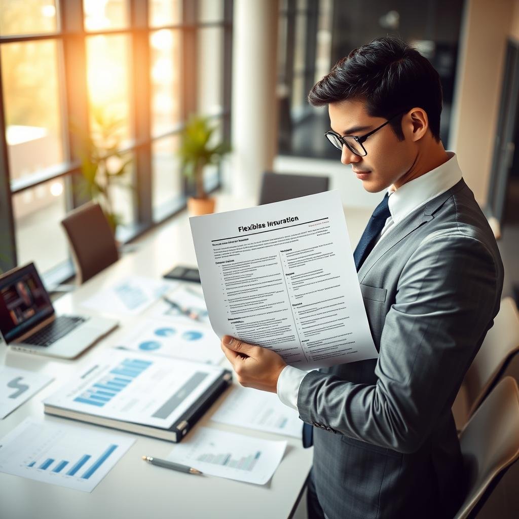 A visually striking representation of flexible business insurance policies. In the foreground, a confident business professional in smart attire reviews a detailed document that features various policy terms and conditions, emphasizing customization. In the middle, a conference table is adorned with various insurance papers, charts, and a laptop displaying data analytics, highlighting the importance of adaptable coverage. In the background, a modern office interior with large windows allowing natural light to pour in, creating a bright and inviting atmosphere. The overall mood is one of empowerment and clarity, with a soft-focus effect on the background to keep the emphasis on the subject and table items. Capture this scene from a slightly elevated angle, showcasing the dynamism of the workspace.