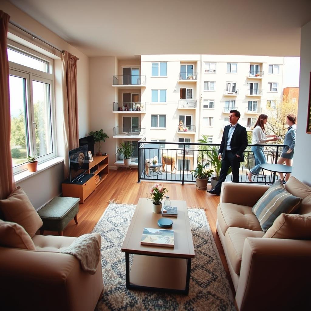 A visually striking scene depicting a typical rental property, showcasing both interior and exterior views. In the foreground, display a cozy living room with modest furniture, a small coffee table, and a window highlighting a sunny day outside. In the middle, include elements of common renter’s insurance exclusions, such as a broken electronics gadget on the table, artwork on the wall, and outdoor furniture on a balcony, subtly indicating potential liability. The background features a cheerful apartment building, with people dressed in professional attire engaging in activities like gardening or walking a dog, fostering a sense of community. Utilize soft, natural lighting to create an inviting atmosphere, and employ a wide-angle lens to capture the breadth of the scene, emphasizing a balance between comfort and responsibility.