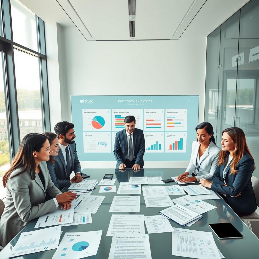 A visually striking scene illustrating "custom-tailored insurance options" for businesses. In the foreground, a diverse group of professionals dressed in smart business attire—both men and women—are engaged in a discussion around a large table filled with customizable insurance policy documents and diagrams. In the middle ground, a digital display showcases various policy options, depicted as interactive charts and sliders, emphasizing the notion of customization. The background features a sleek, modern office with large windows allowing natural light to flood the space, creating an inviting and professional atmosphere. Use a slightly overhead angle to capture the collaborative energy, and ensure the lighting is bright yet soft, enhancing the clarity of the documents and the expressions of the participants, reflecting optimism and empowerment in business decisions.