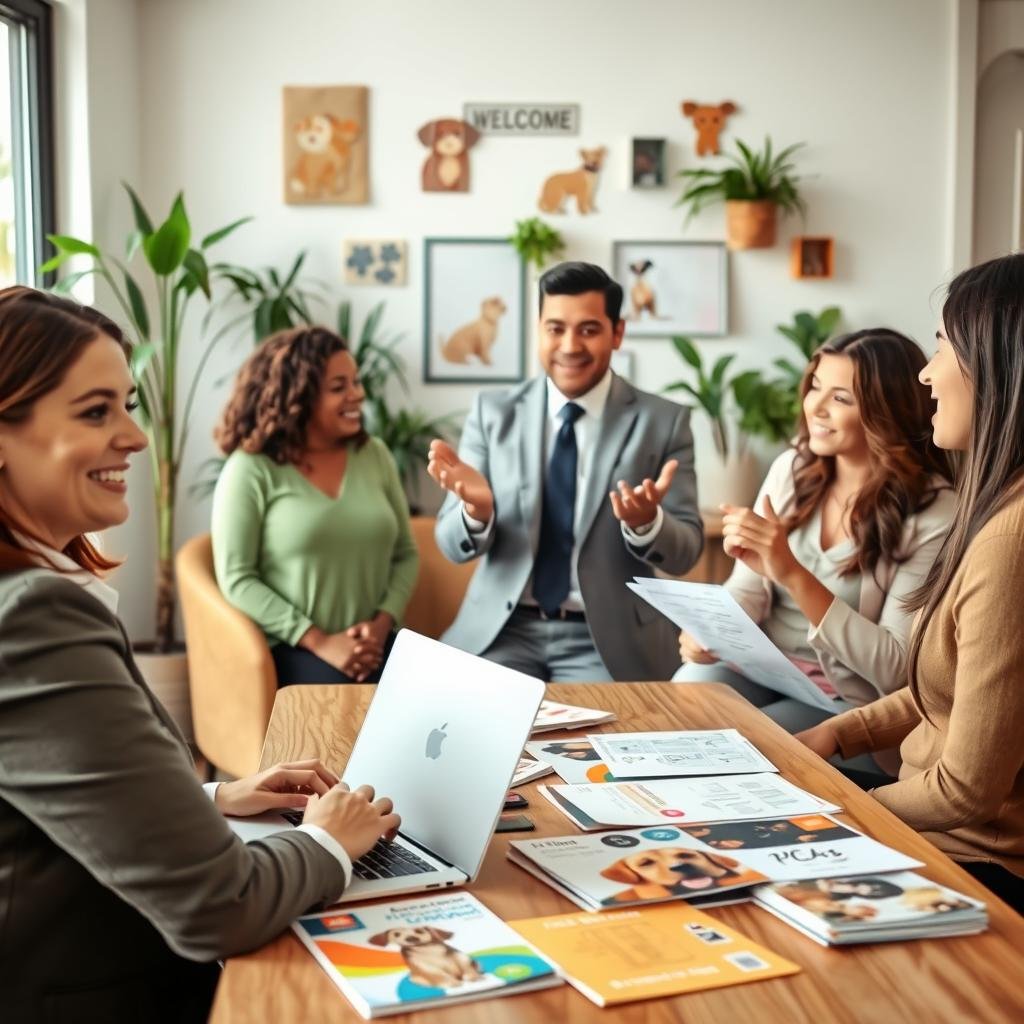 A warm and inviting scene of a cozy pet insurance office, featuring a diverse group of pet owners discussing their experiences with pet insurance. In the foreground, a smiling woman in business casual attire is seated at a desk with a laptop open, surrounded by colorful brochures labeled with various pet insurance providers. In the middle, a friendly insurance agent, dressed in professional business attire, gestures as they explain policy details. In the background, a welcoming wall with pet-themed artwork and plants creates a warm atmosphere. Soft, natural lighting filters through large windows, emphasizing a sense of trust and professionalism. This image should evoke feelings of reassurance and community for pet owners seeking advice.