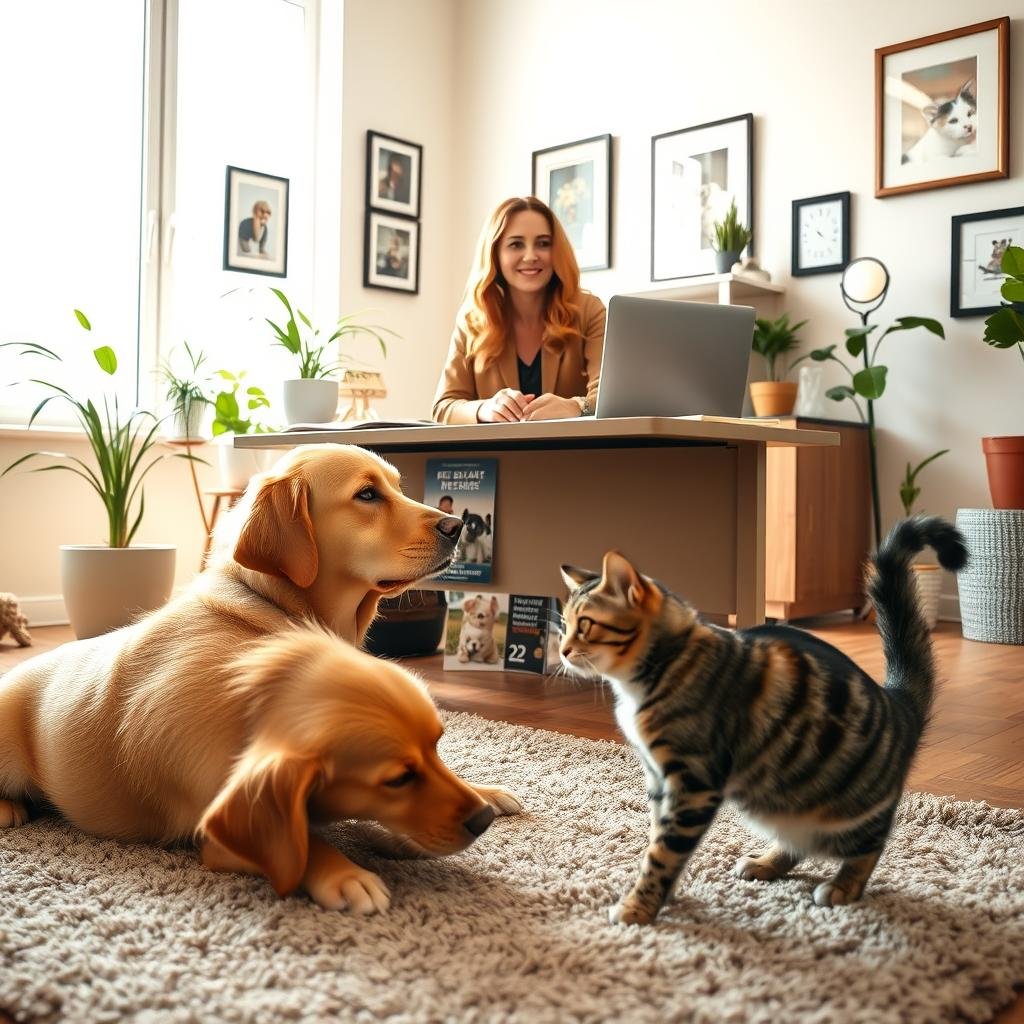 A warm, inviting office space dedicated to pet insurance, featuring a friendly, professional woman in modest casual attire, discussing pet health coverage with a pet owner. In the foreground, a golden retriever and a mischievous tabby cat playfully interact on a plush rug, symbolizing the bond between pets and their owners. In the middle, a desk showcases pet insurance brochures highlighting discounts, surrounded by a cozy setting with potted plants and framed pet photos on the walls. The background reveals a bright window allowing soft, natural light to filter in, creating an uplifting atmosphere. The angle focuses on both the interaction and the desk, depicting a welcoming environment, reinforcing the message of affordable pet health coverage.