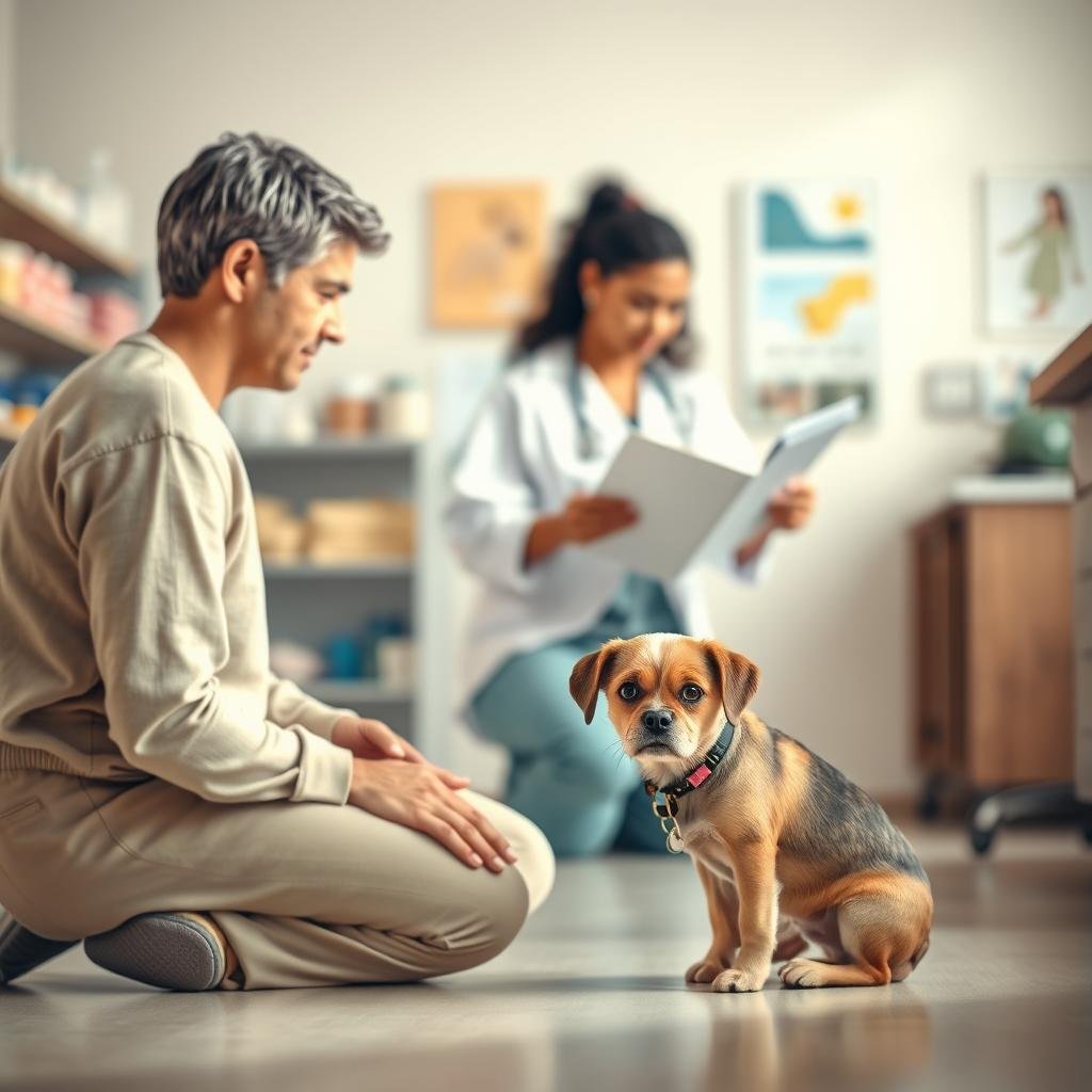 A warm, inviting scene illustrating the importance of pet insurance during emergencies, featuring a concerned pet owner, comfortably dressed, kneeling beside a small, worried dog in a veterinary clinic. In the foreground, display the pet owner gently comforting the dog, showcasing an emotional connection. In the middle, depict a veterinary staff member in scrubs examining a chart, representing a professional environment. The background should include soft lighting and calming colors to create a reassuring atmosphere, with shelves of pet care products and soothing posters on the walls. The image should convey a sense of security and preparedness, emphasizing the relief that affordable pet insurance can provide in times of crisis. Use a shallow depth of field to keep the focus on the interactions, capturing the emotional weight of the moment.