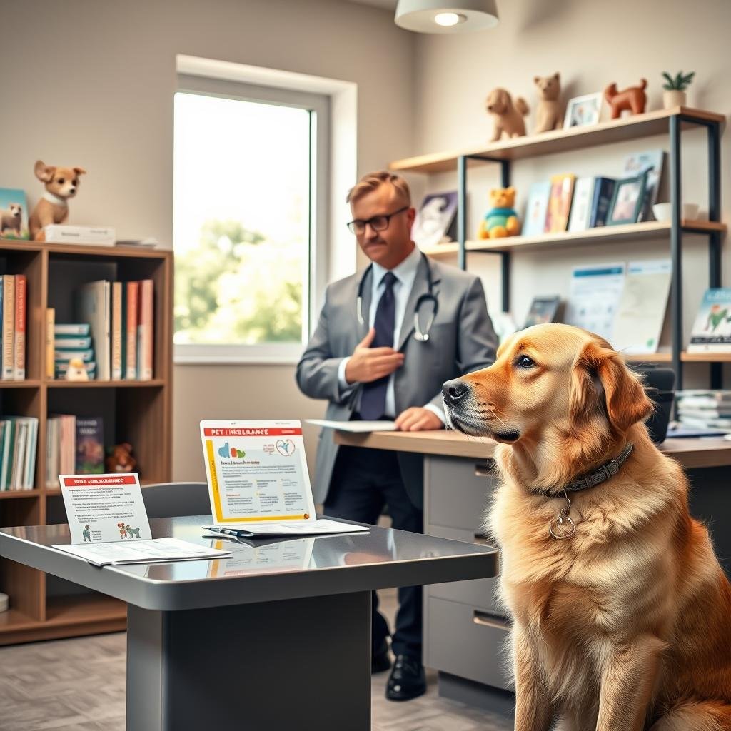 A warm, inviting veterinary office scene depicting a professional veterinarian in a smart business attire, discussing pet medical benefits with a concerned pet owner. In the foreground, a friendly Golden Retriever sits next to the owner, looking attentive and calm. The middle section shows a well-organized desk with pet insurance pamphlets, an illustrated guide to policy terminology, and colorful charts outlining various pet health benefits. The background features shelves filled with pet care books and cute veterinary decorations, bathed in soft, natural lighting from a window. The overall atmosphere is informative and reassuring, highlighting the importance of understanding pet insurance options for pet owners. The image should convey professionalism and warmth without any text or distractions.