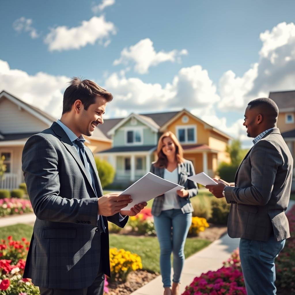 A welcoming, suburban neighborhood scene showcasing a cozy, affordable home with a well-kept lawn and colorful flower beds in full bloom. In the foreground, a friendly insurance agent in professional business attire is discussing options with a diverse couple, looking at documents with smiles, representing engagement and trust. The middle ground features nearby homes with visible price tags, symbolizing comparative quotes. The background is filled with a bright blue sky and fluffy white clouds, creating an uplifting atmosphere. Natural sunlight filters through, casting soft shadows and giving the scene a warm, inviting glow. Shot at a slight angle to provide depth, ensuring a balanced composition that draws the viewer’s eye toward the interactions in the foreground.