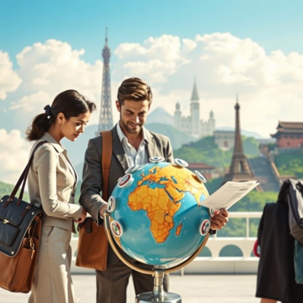 A well-designed travel insurance concept scene, showcasing a diverse group of travelers in the foreground, dressed in professional business attire. They are consulting over travel documents while looking at a globe with insurance symbols around it. In the middle ground, a backdrop of famous landmarks like the Eiffel Tower and Great Wall of China signifies international travel. The background includes soft clouds and a bright blue sky, conveying a sense of adventure and hope. The lighting is bright and inviting, casting soft shadows to create depth. The mood is optimistic and reassuring, reflecting the security and peace of mind that travel insurance provides, particularly regarding pre-existing conditions. No captions, text overlays, or watermarks.