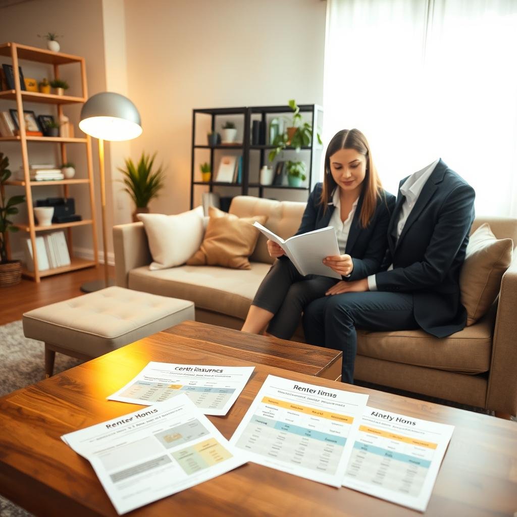 A well-organized living room scene illustrating renters' insurance options. In the foreground, a wooden coffee table displays neatly arranged brochures and comparison charts showcasing various cost-effective renter's coverage options. A pair of professional individuals, dressed in business casual attire, study the materials thoughtfully, highlighting the importance of reviewing insurance policies annually. In the middle, a cozy sofa with soft cushions and a floor lamp casts warm light, creating an inviting atmosphere. The background features a stylish bookshelf filled with home essentials and a few indoor plants, enhancing the comfort of the space. Soft natural light filters in through a window, contributing to a sense of clarity and focus, reflecting a proactive approach to managing personal insurance. A well-organized living room scene illustrating renters' insurance options. In the foreground, a wooden coffee table displays neatly arranged brochures and comparison charts showcasing various cost-effective renter's coverage options. A pair of professional individuals, dressed in business casual attire, study the materials thoughtfully, highlighting the importance of reviewing insurance policies annually. In the middle, a cozy sofa with soft cushions and a floor lamp casts warm light, creating an inviting atmosphere. The background features a stylish bookshelf filled with home essentials and a few indoor plants, enhancing the comfort of the space. Soft natural light filters in through a window, contributing to a sense of clarity and focus, reflecting a proactive approach to managing personal insurance.